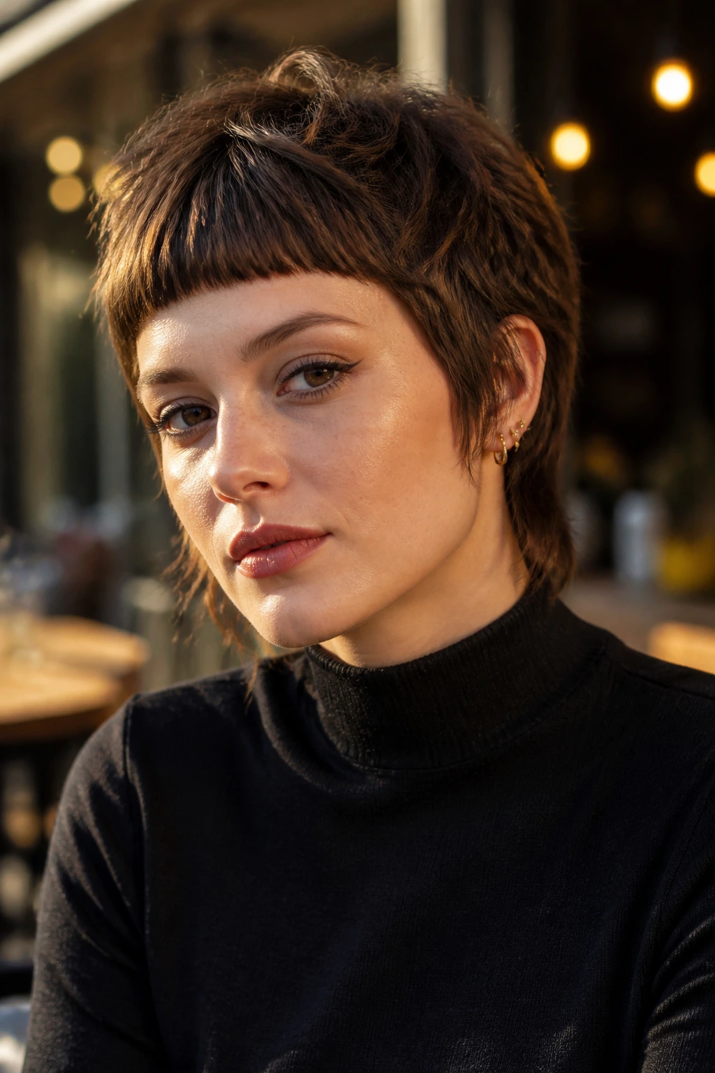 Close-up of a woman with a shaggy bixie and micro fringe.