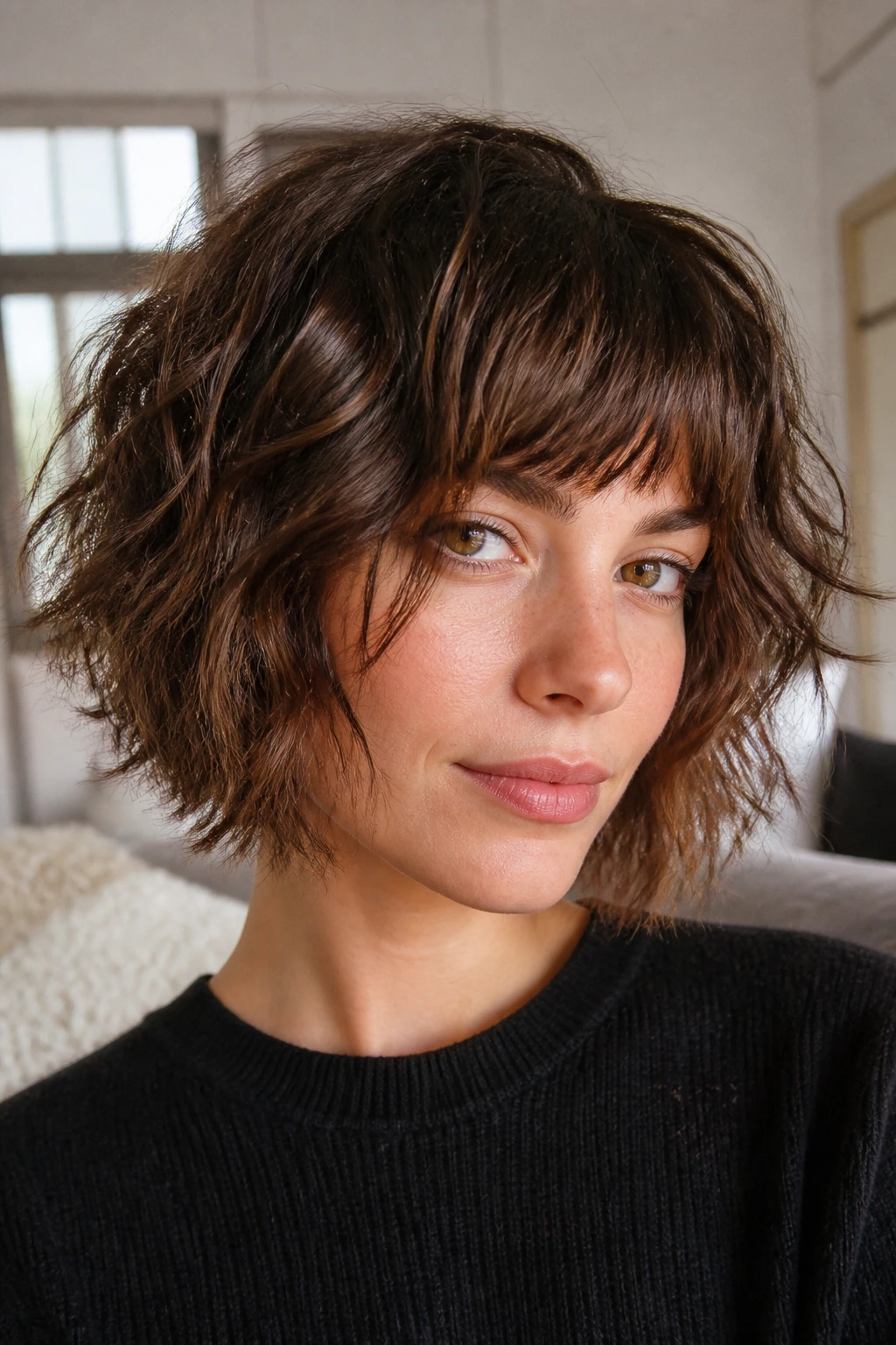 Close-up portrait of a real woman with a shaggy wavy bob and choppy ends