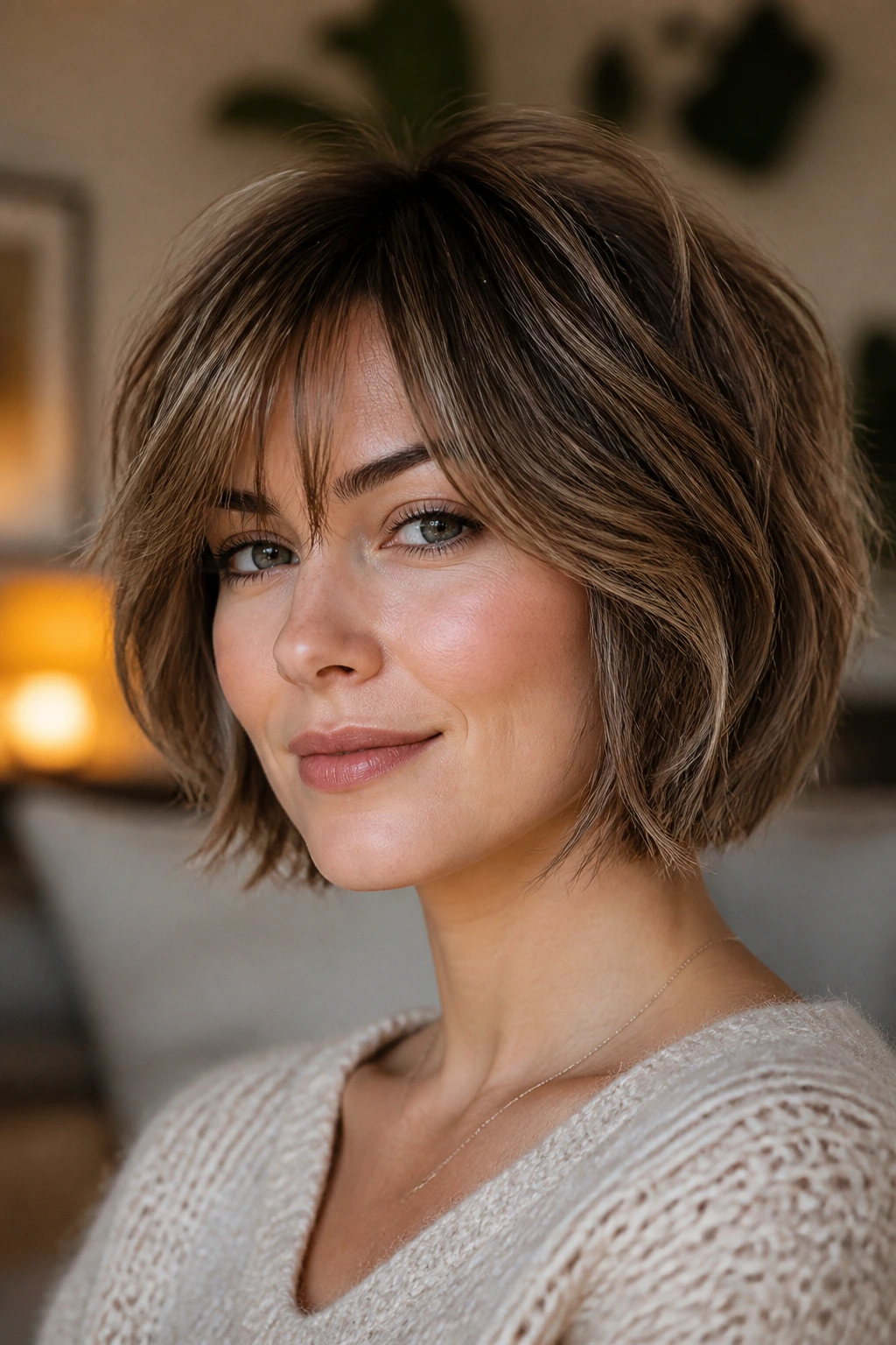 Portrait of a woman with a shaggy bob and airy crown layers at home