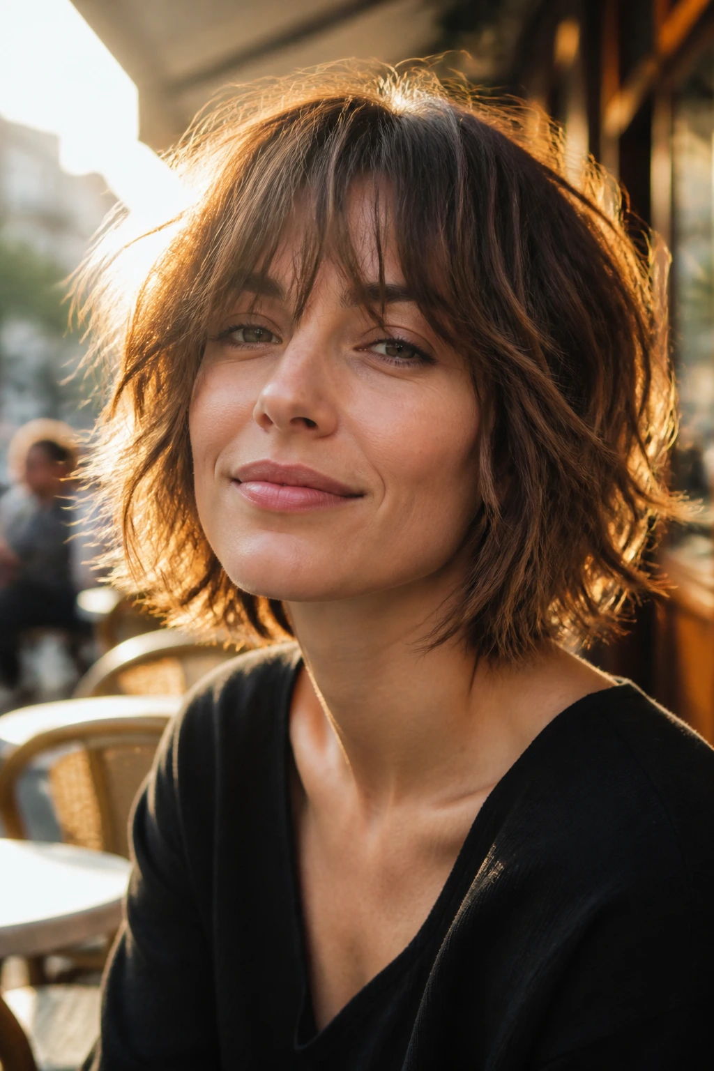 Portrait of a woman with a shaggy bob and airy ends in golden hour cafe lighting