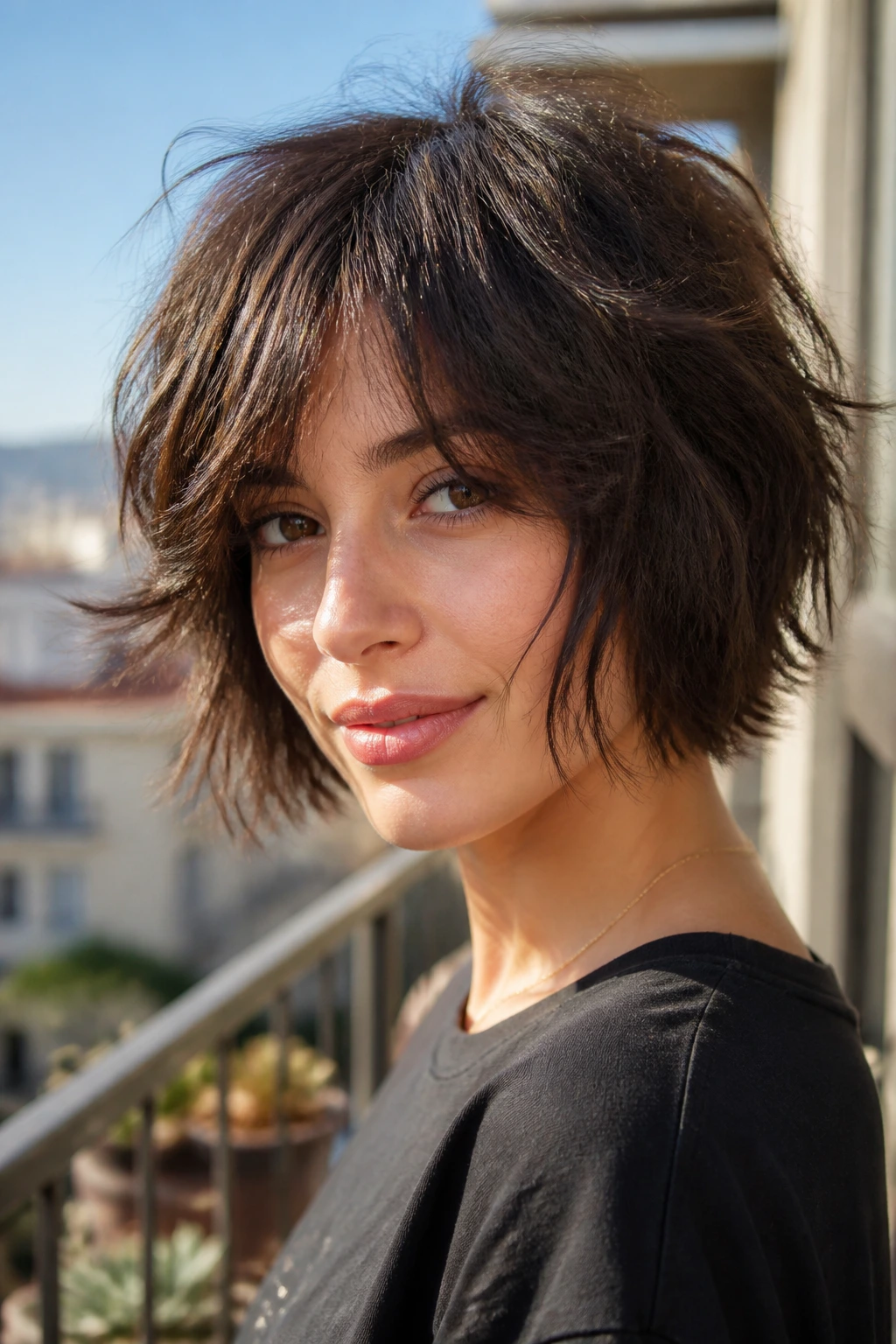 Close-up portrait of a woman with a shaggy bob and airy layers in a sunlit balcony setting