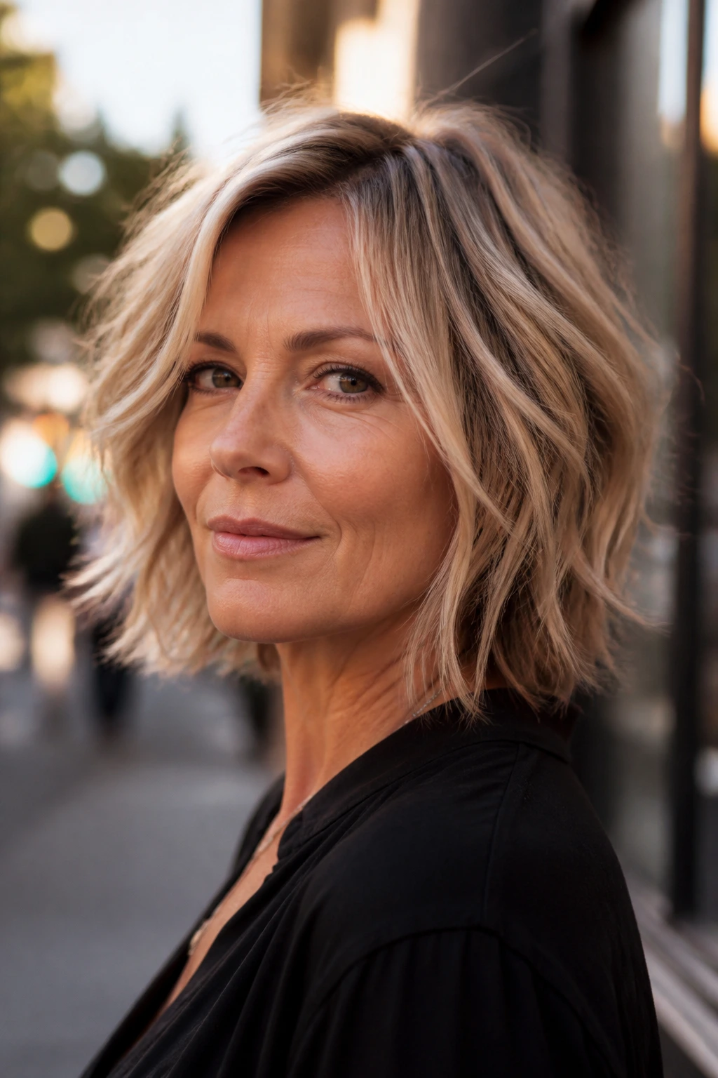 Close-up of a woman with a shaggy bob and ash-blonde highlights