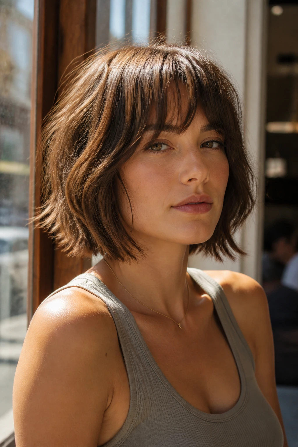 Real-person portrait with shaggy bob and bottleneck bangs.