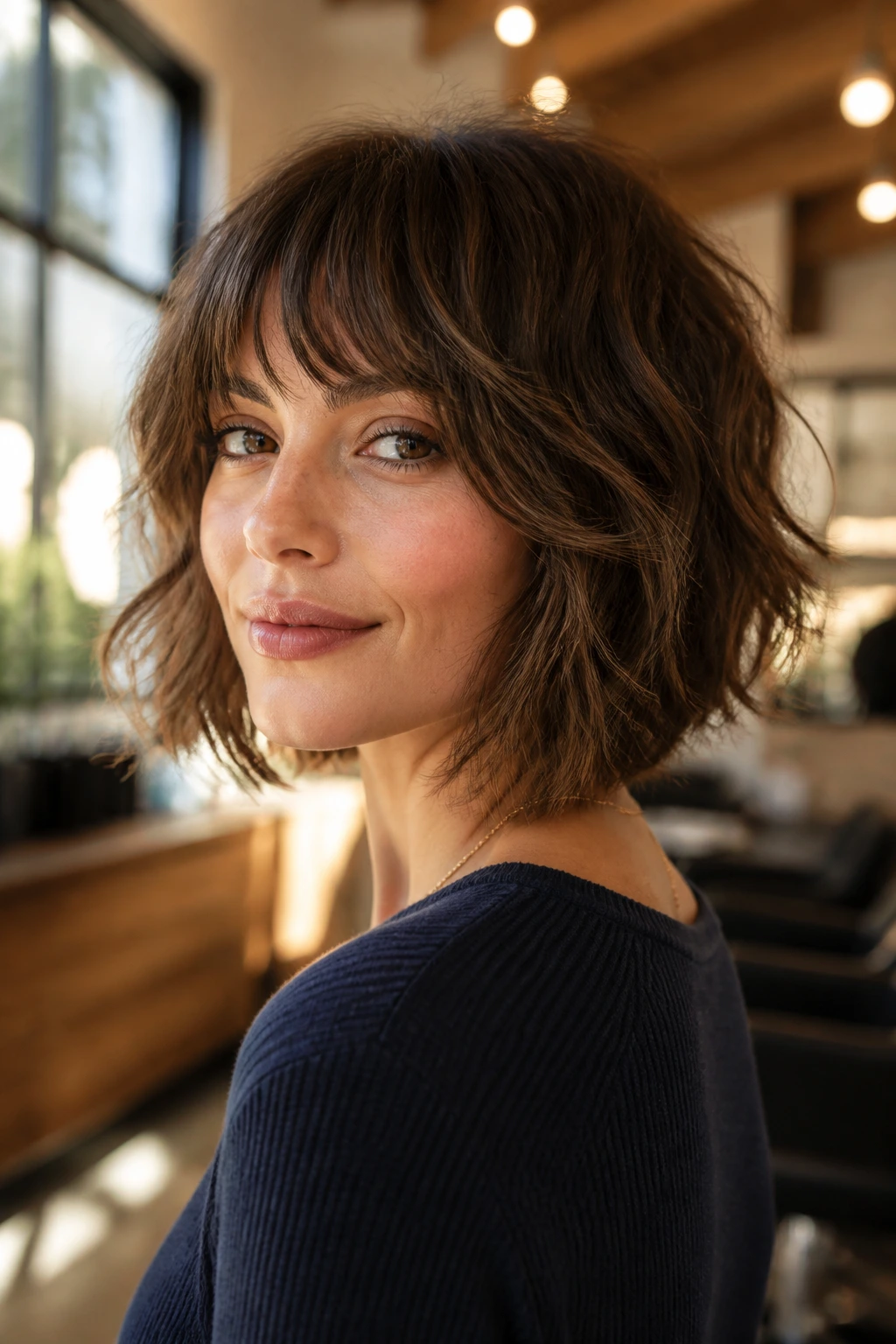 Close-up portrait of brunette with shaggy bob and soft bangs in warm salon light