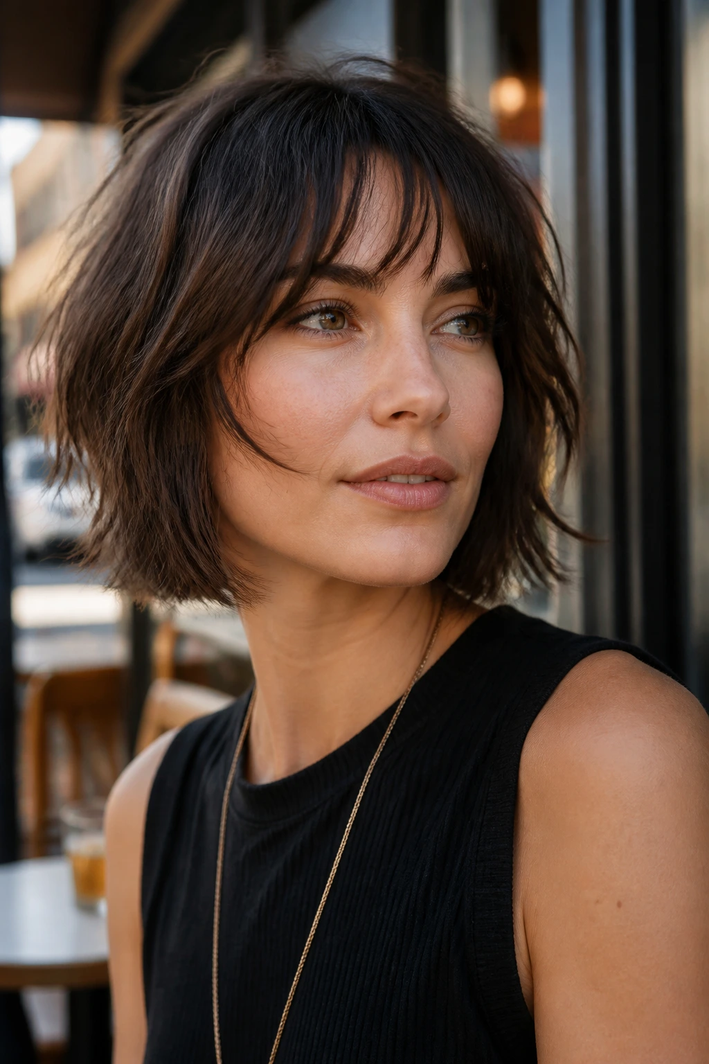 Close-up of a real woman with shaggy bob framing cheekbones