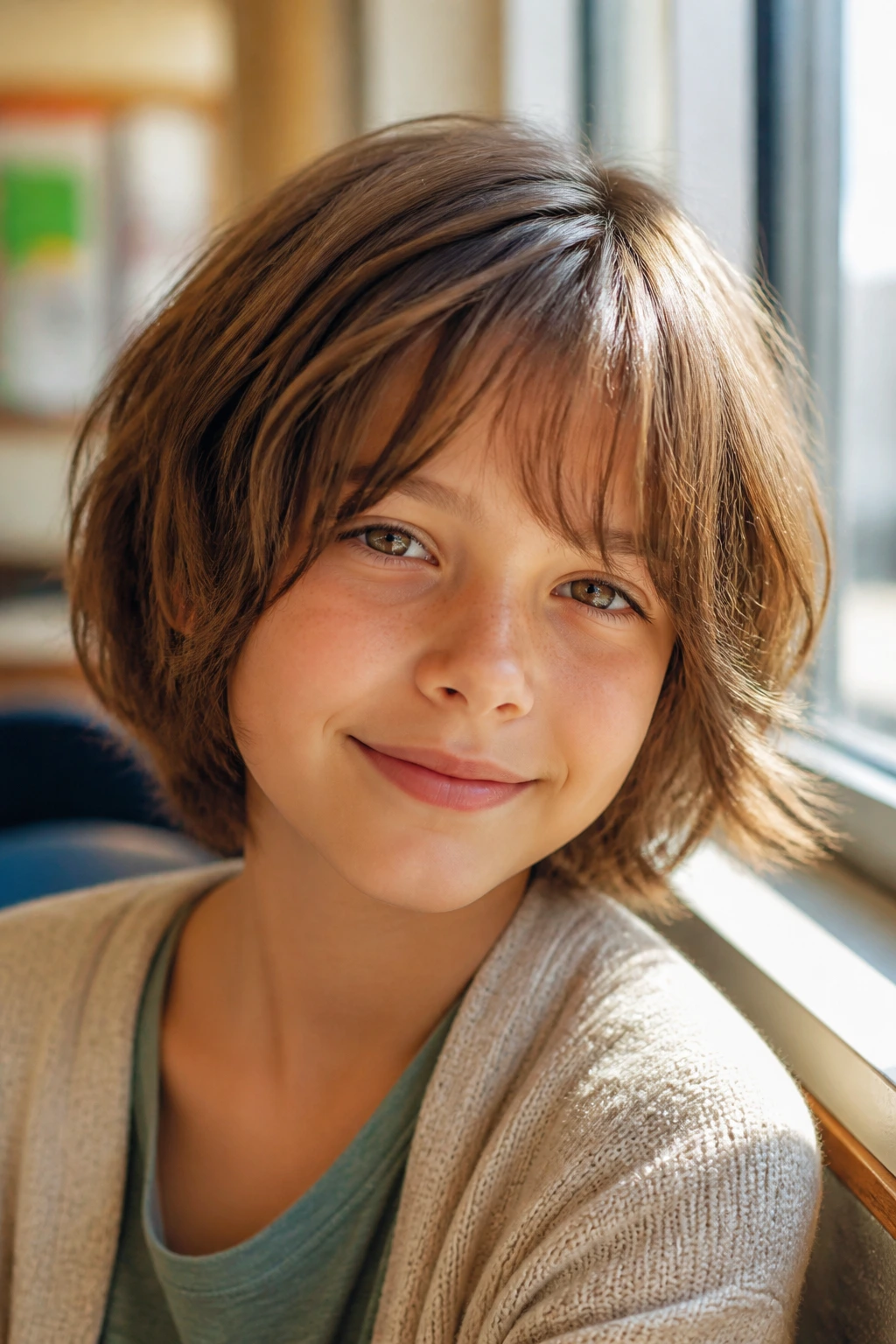 Close-up of a real child with a jaw-length shaggy bob