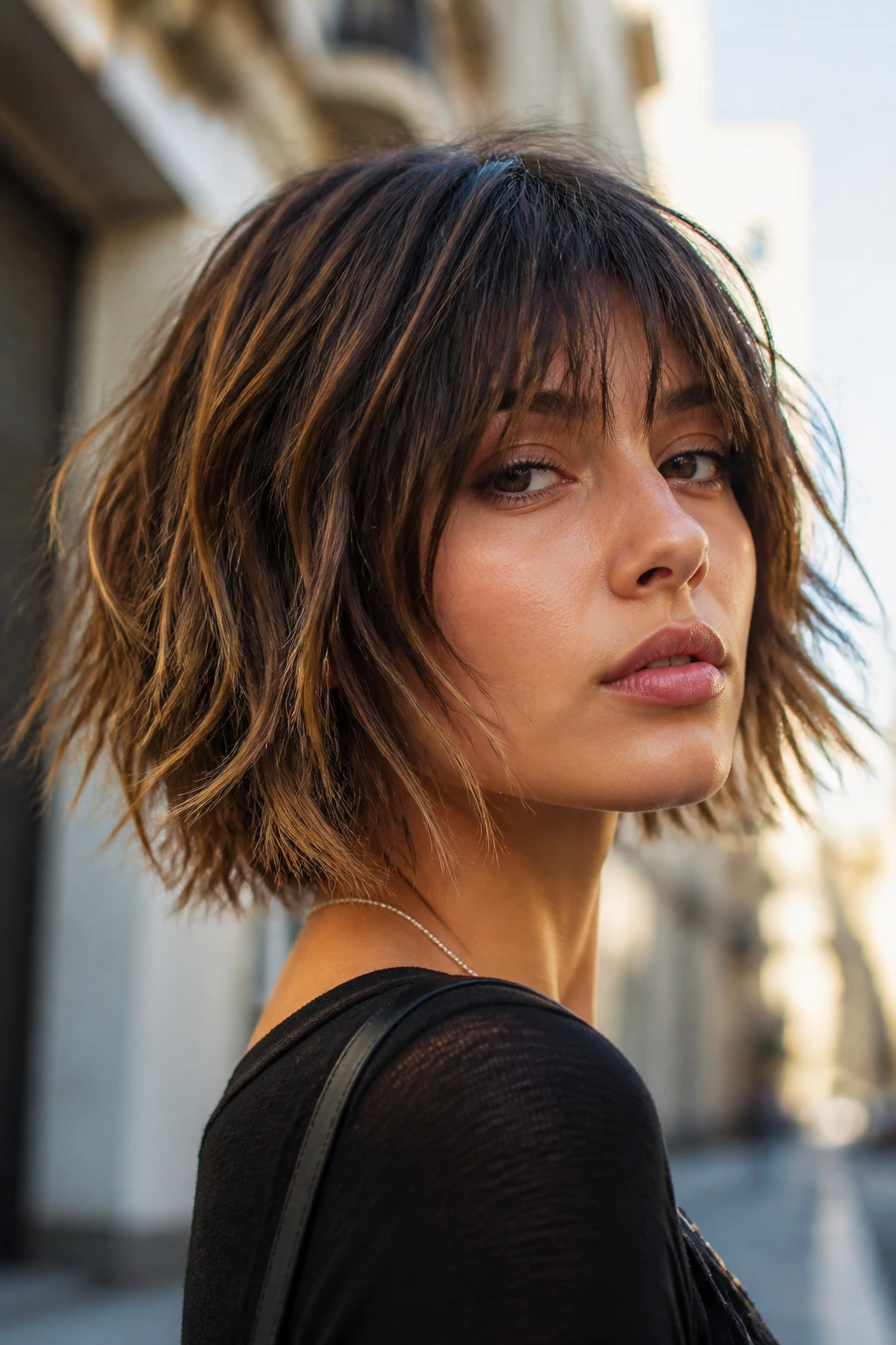 Real woman with shaggy bob and visible choppy ends, textured hairstyle.