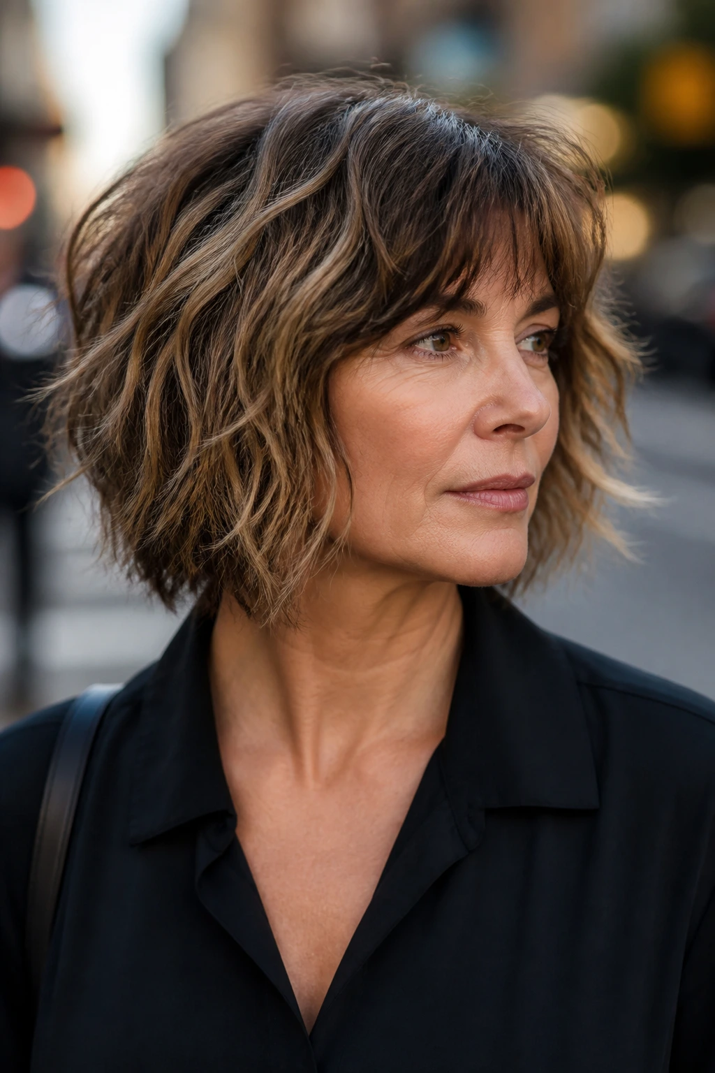 Portrait of a real woman with a shaggy bob and choppy texture