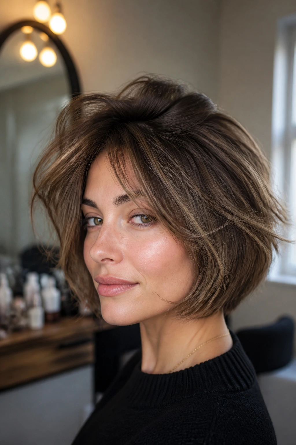 Portrait of a person with a voluminous crown on a shaggy bob