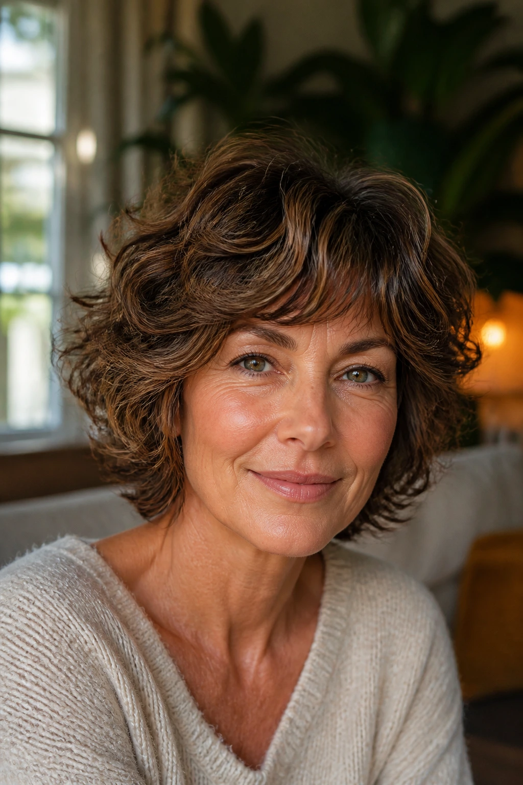 Real woman with shaggy bob showing how layers suit curly hair over 40 in warm living room light