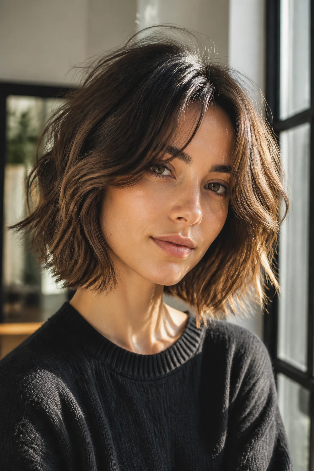 Portrait of a woman with shaggy bob and curtain bangs