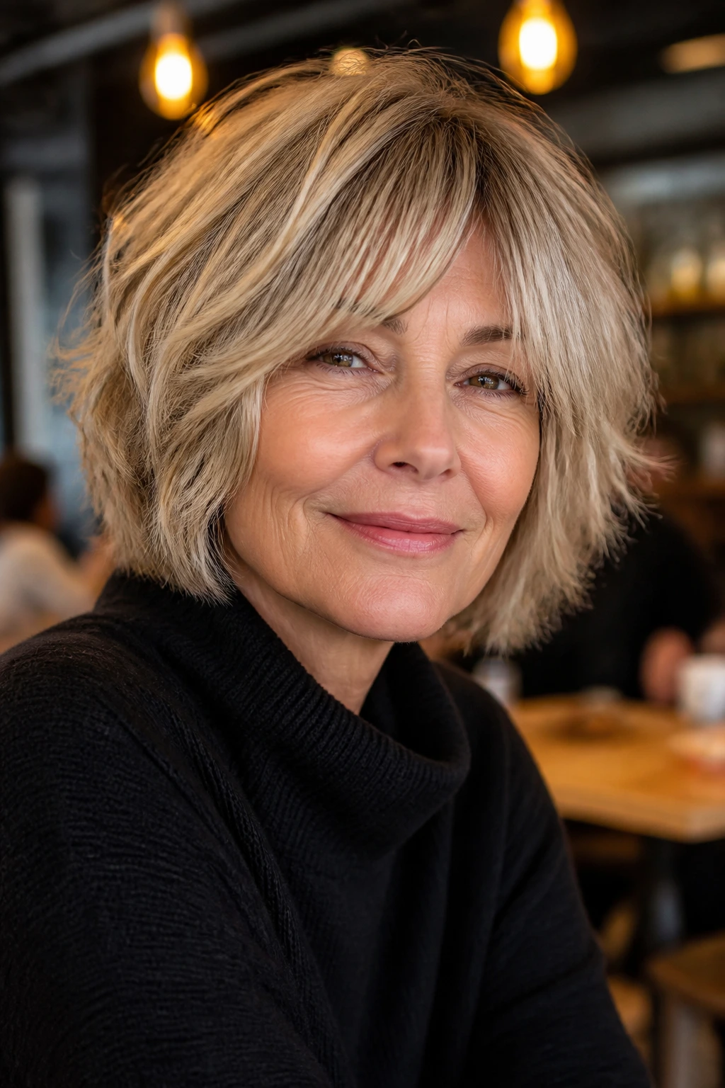Close-up of a real woman with a shaggy bob and curtain bangs.