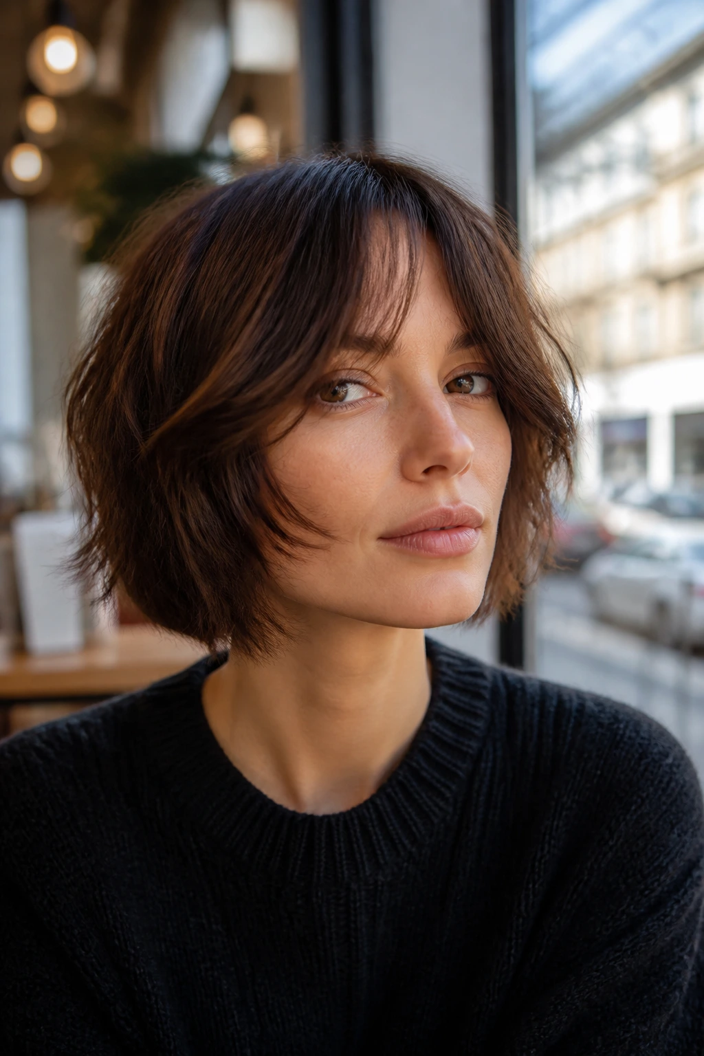 Portrait of a woman with a shaggy bob and curtain bangs.
