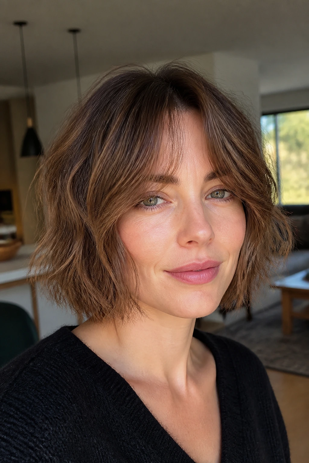 Close-up portrait of a real woman with shaggy bob and curtain bangs