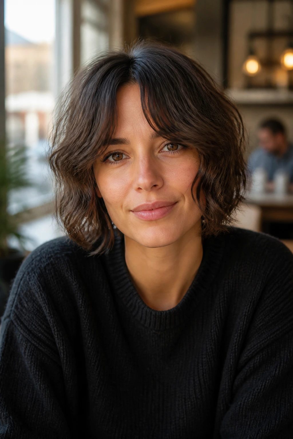 Portrait of a person with a shaggy bob and curtain bangs.