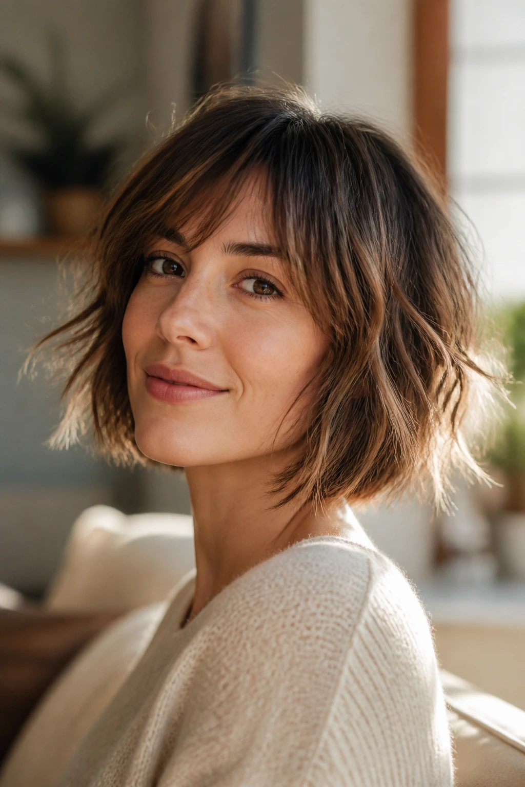 Portrait of a real woman with shaggy bob showing moving ends