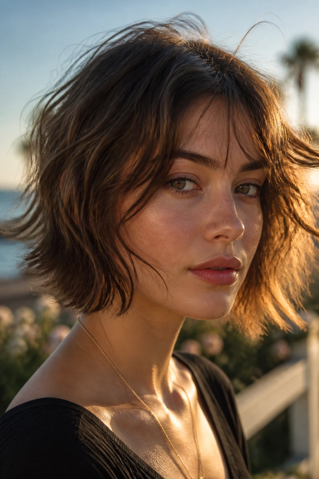 Close-up of a real woman with a shaggy bob and feathered ends outdoors at golden hour.