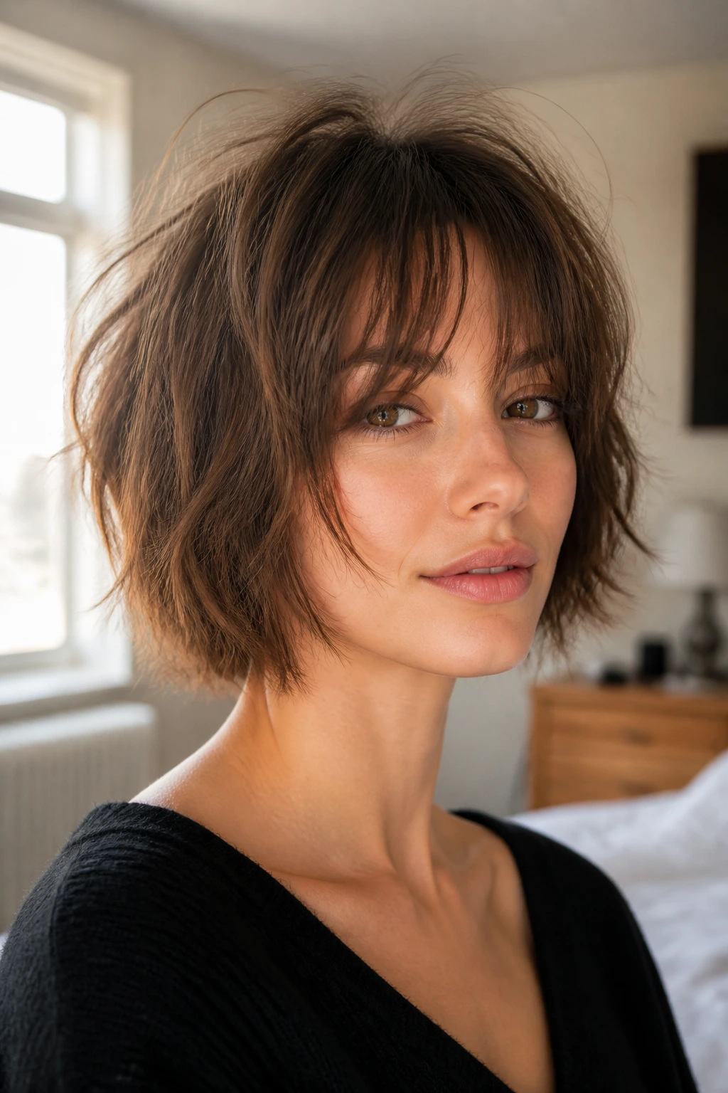 Close-up portrait of a real woman with a shaggy bob on fine hair showing lift and texture