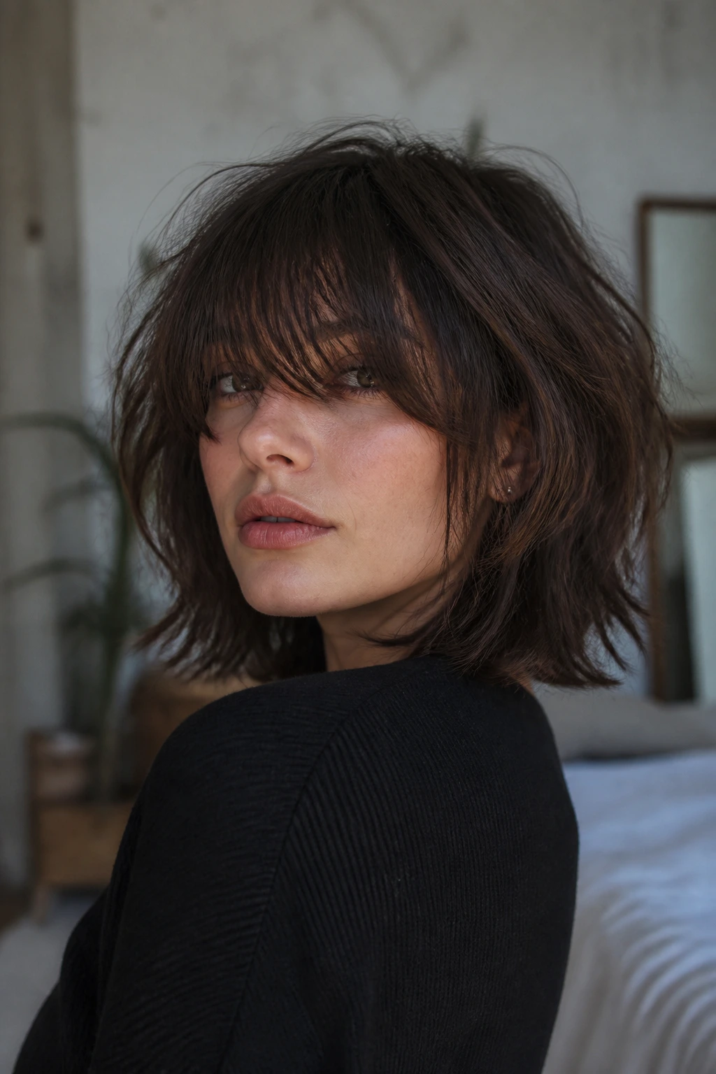Close-up portrait of a real woman with a shaggy bob and long fringe in natural light