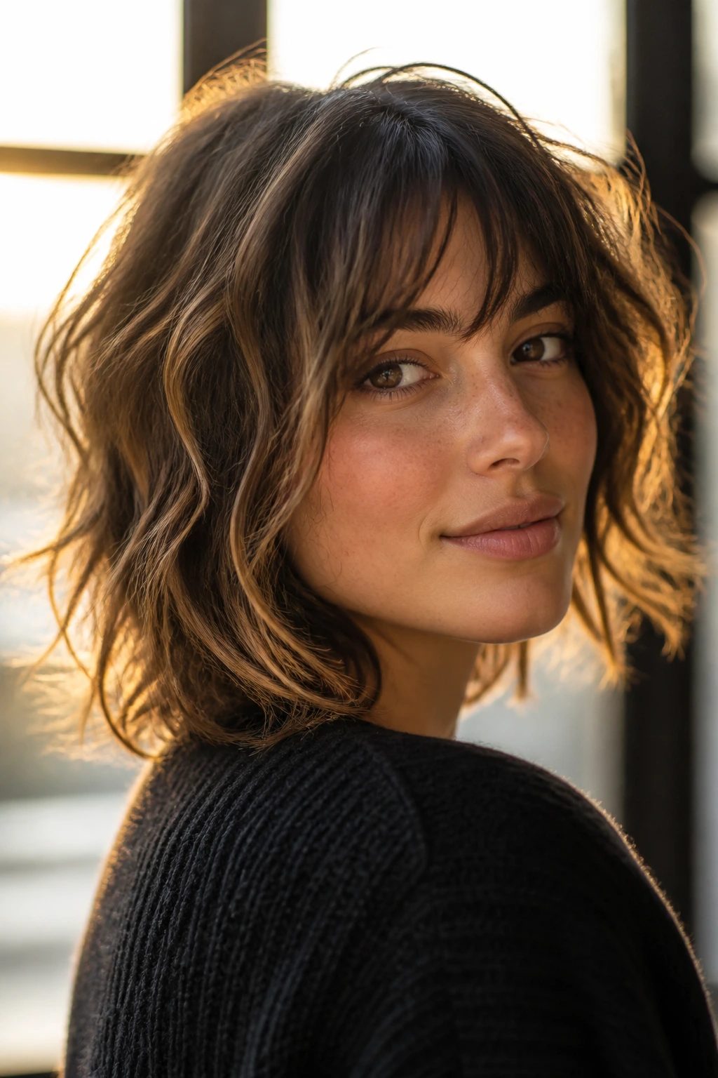 Brunette shaggy bob with caramel highlights in sunlit setting