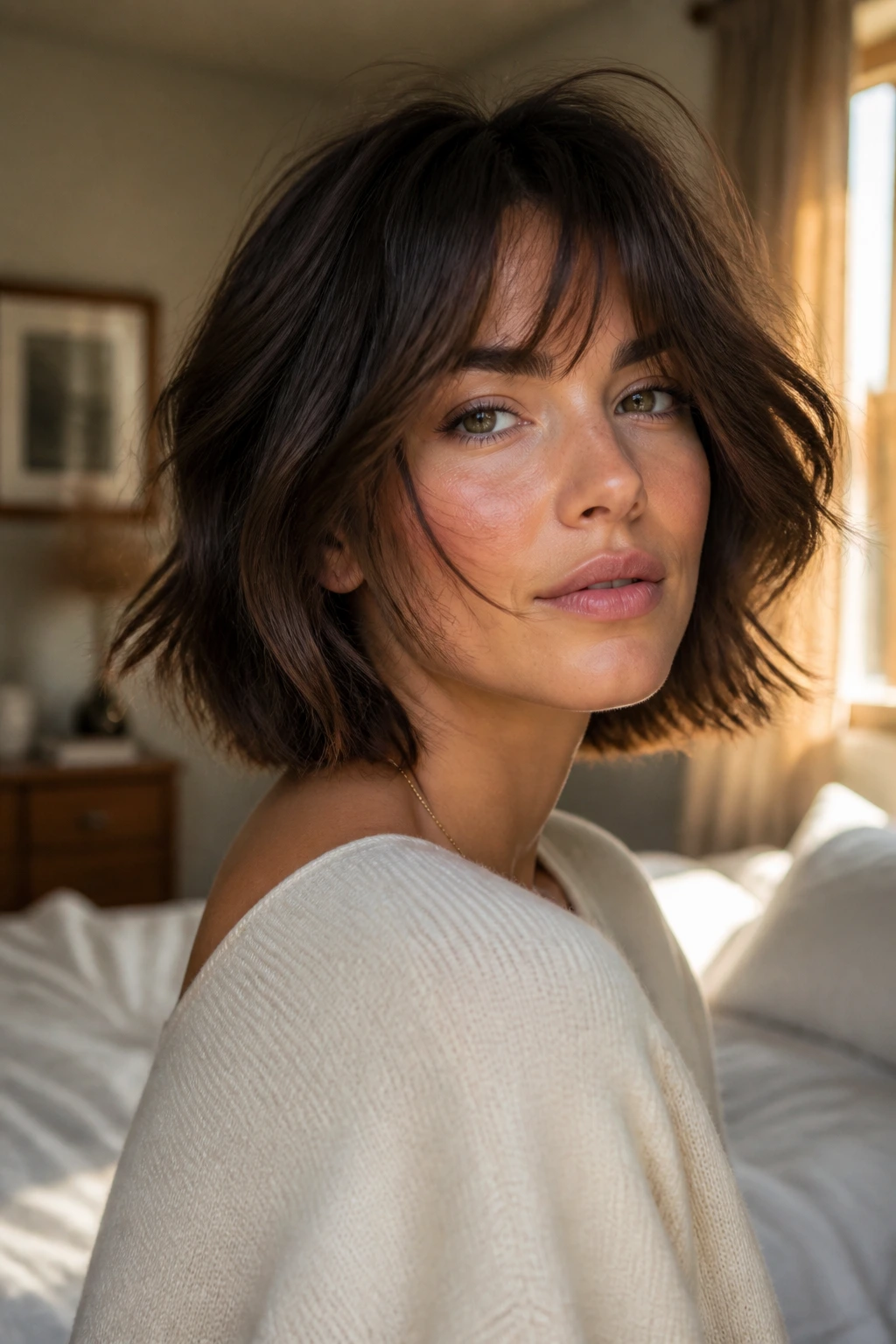 Close-up of a real woman with a shaggy bob featuring invisible layers and soft face-framing bend.