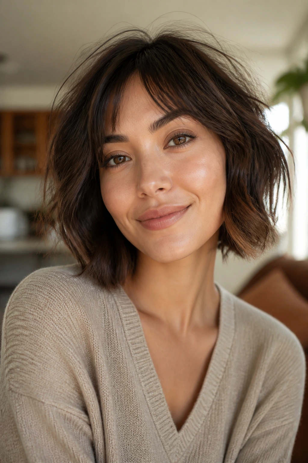 Close-up portrait of a real woman with a soft shaggy bob in warm window light