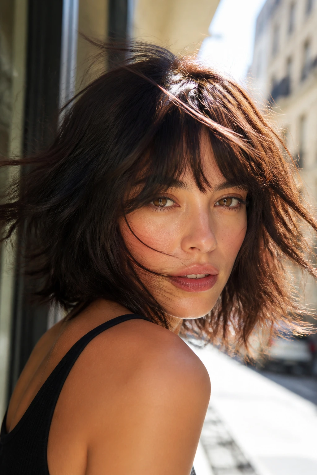 Brunette with shaggy bob moving in breeze in sunny backdrop
