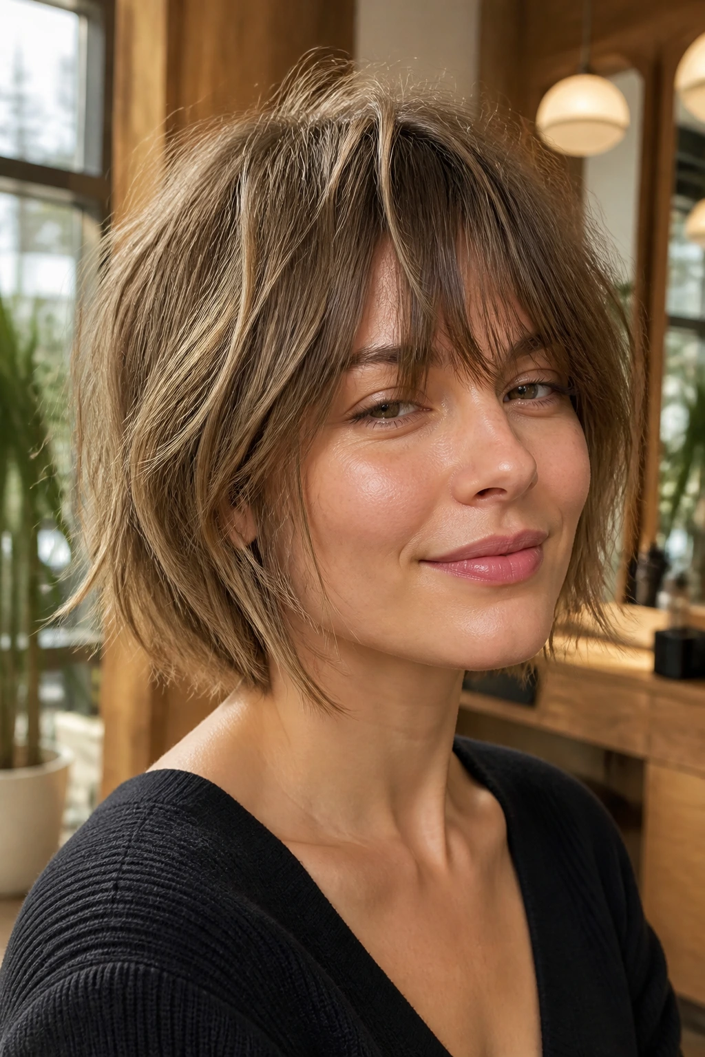 Close-up of a real woman with shaggy bob and bangs showing movement and lift