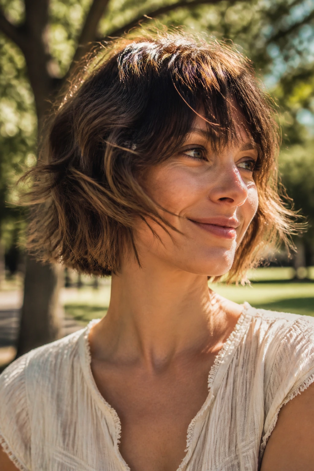 Medium close-up of a real woman with a shaggy bob in motion outdoors