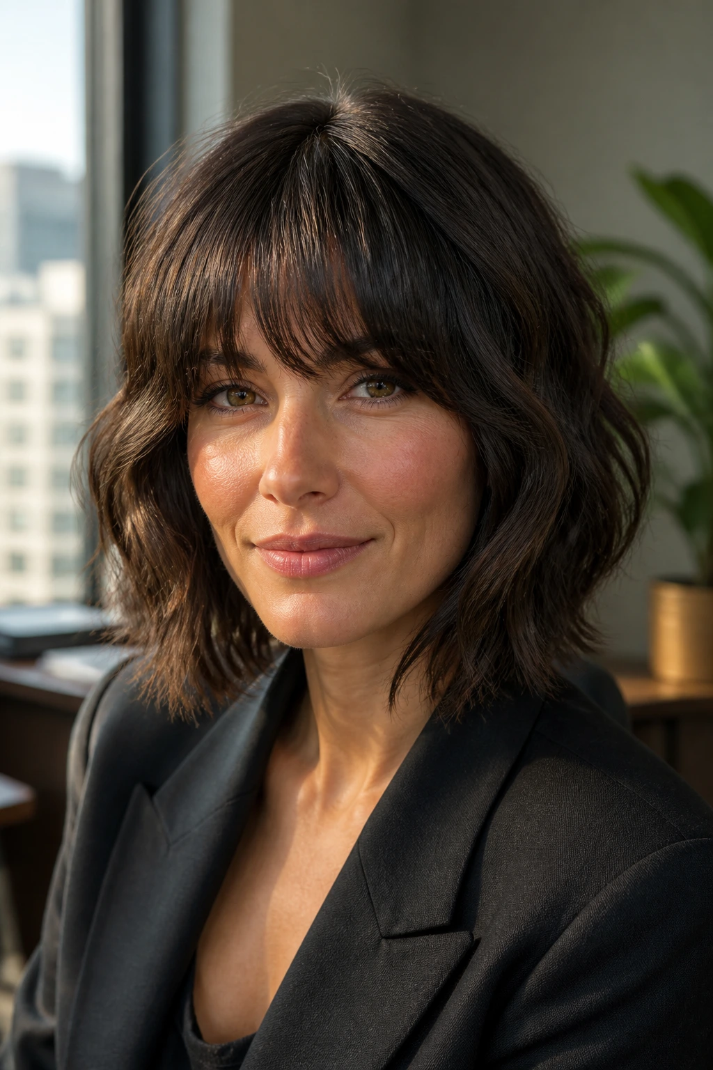 Close-up brunette with a shaggy bob and longer bangs in warm office lighting