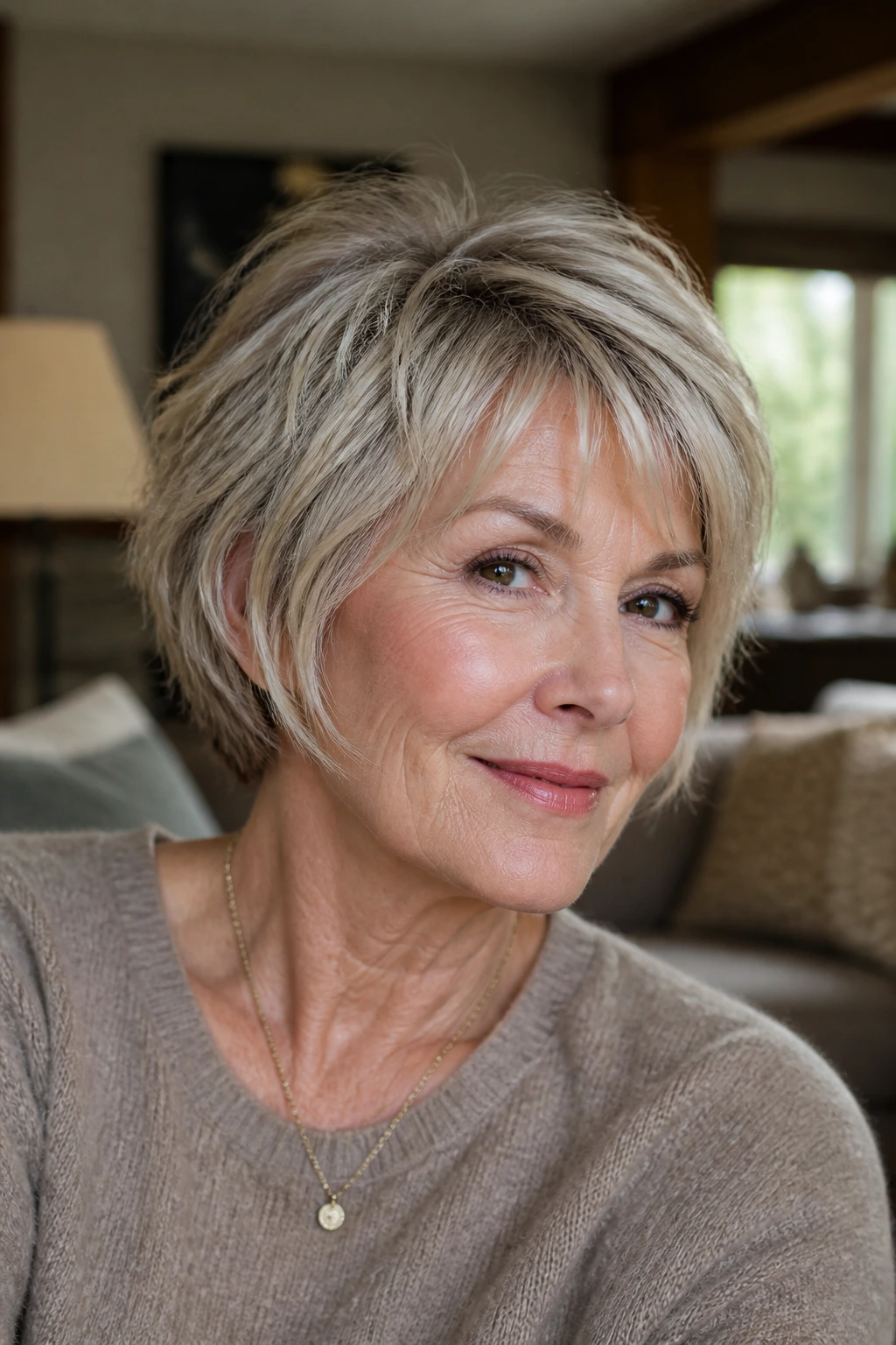 Close-up of an older woman with a short shaggy bob showing crown lift and texture.