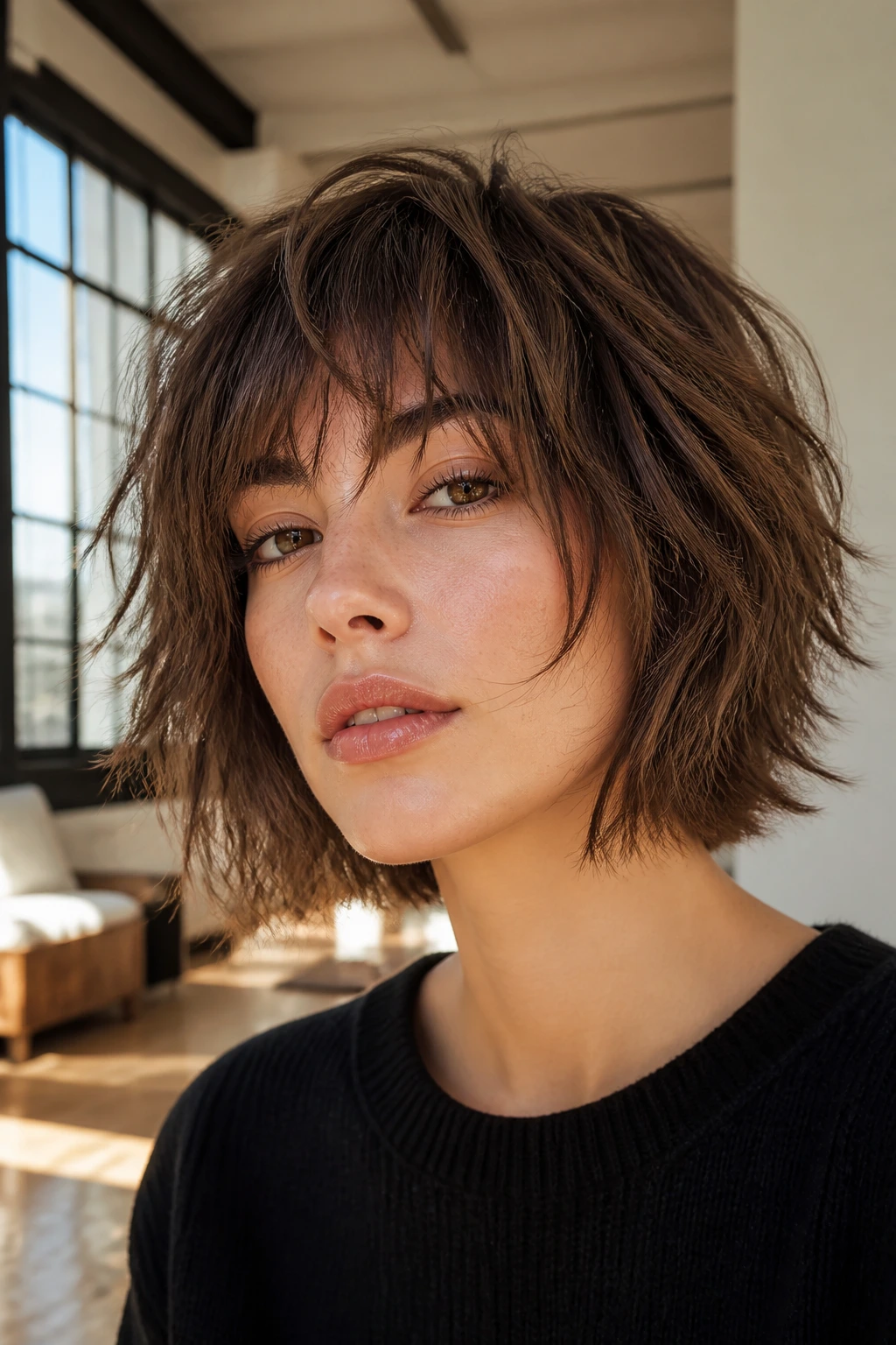 Portrait of a woman with a shaggy bob and piecey ends