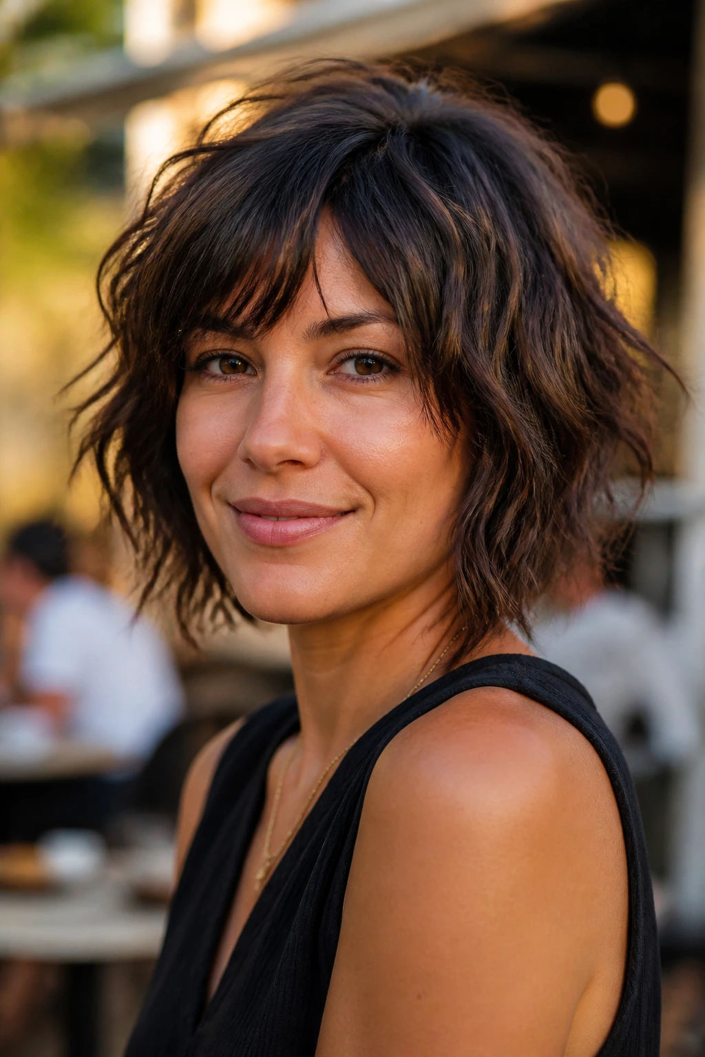 Close-up of real woman with shaggy bob and piecey ends in warm cafe setting