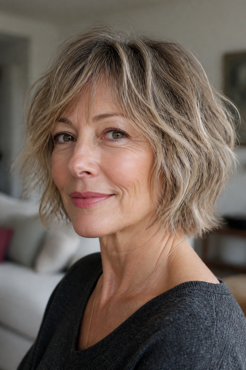 Close-up of real woman with shaggy bob and piecey ends in natural window light
