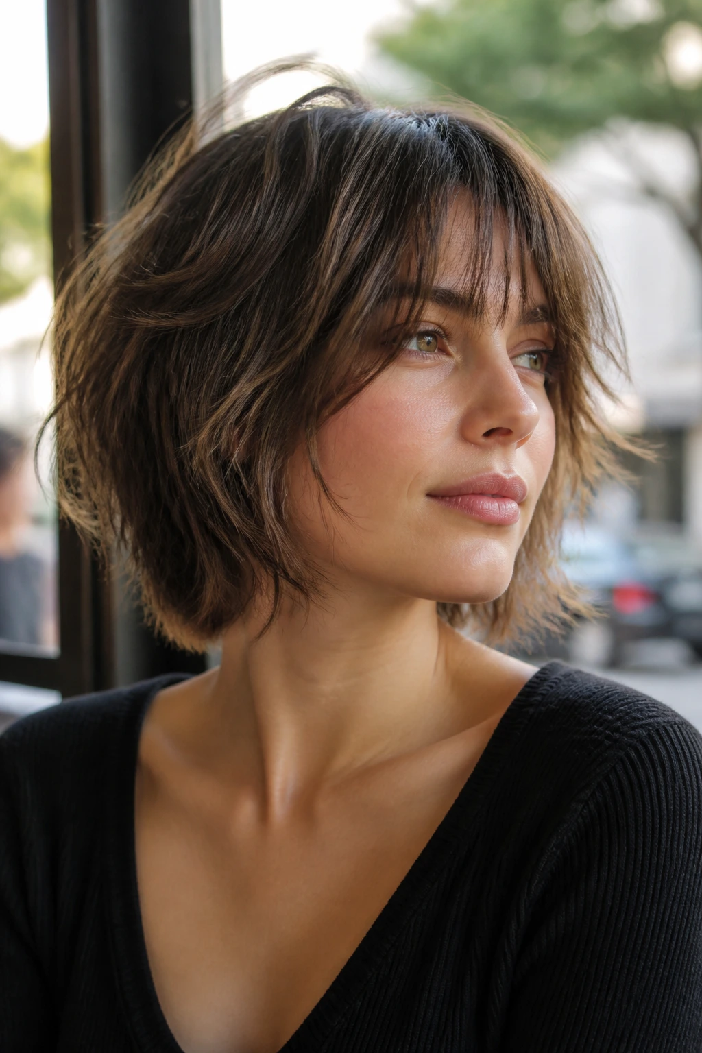 Close-up portrait of a real woman with a shaggy bob and piecey layers around crown and cheeks.
