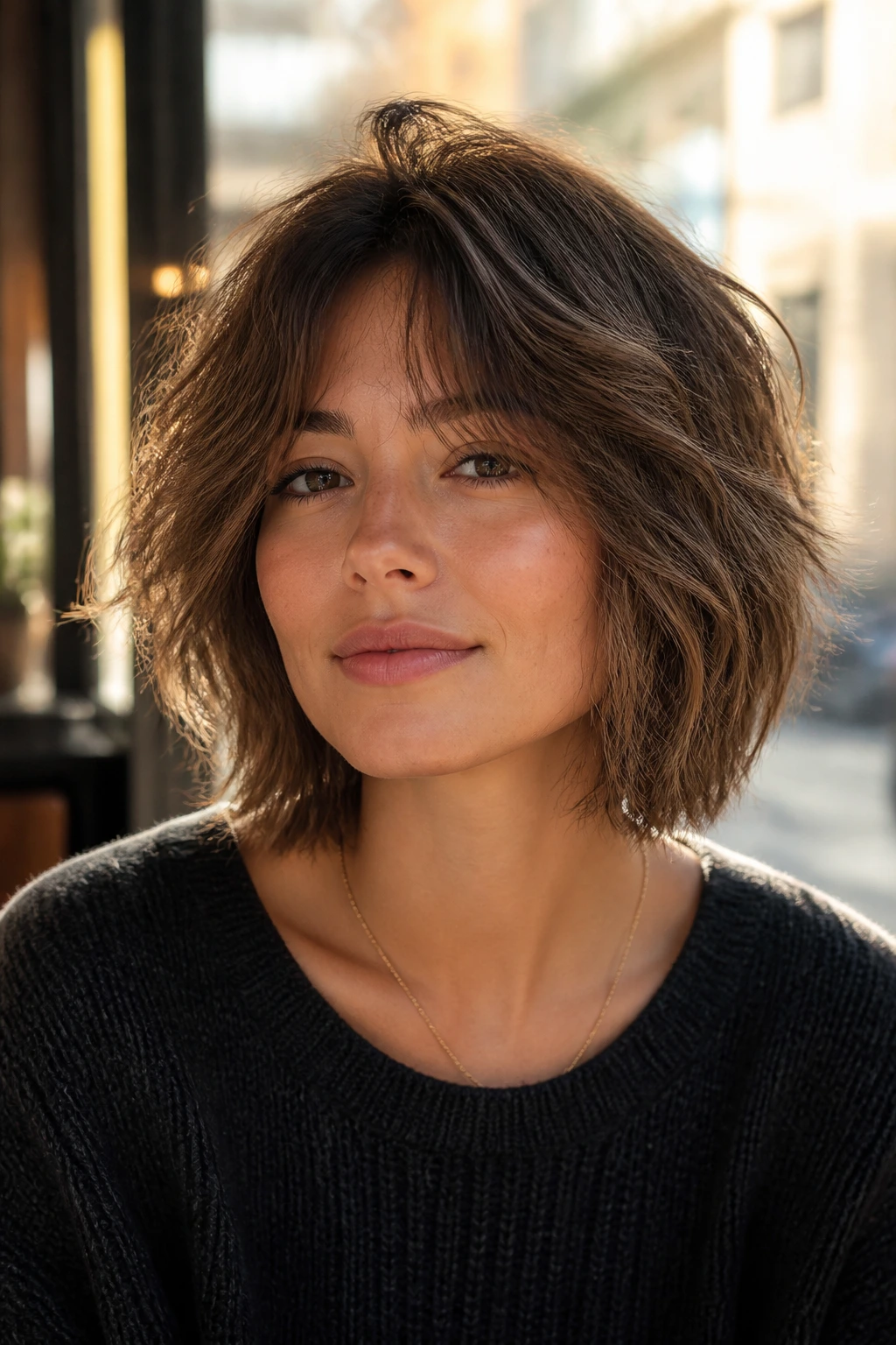 Portrait of real person with shaggy bob and lifted crown in a cafe setting.