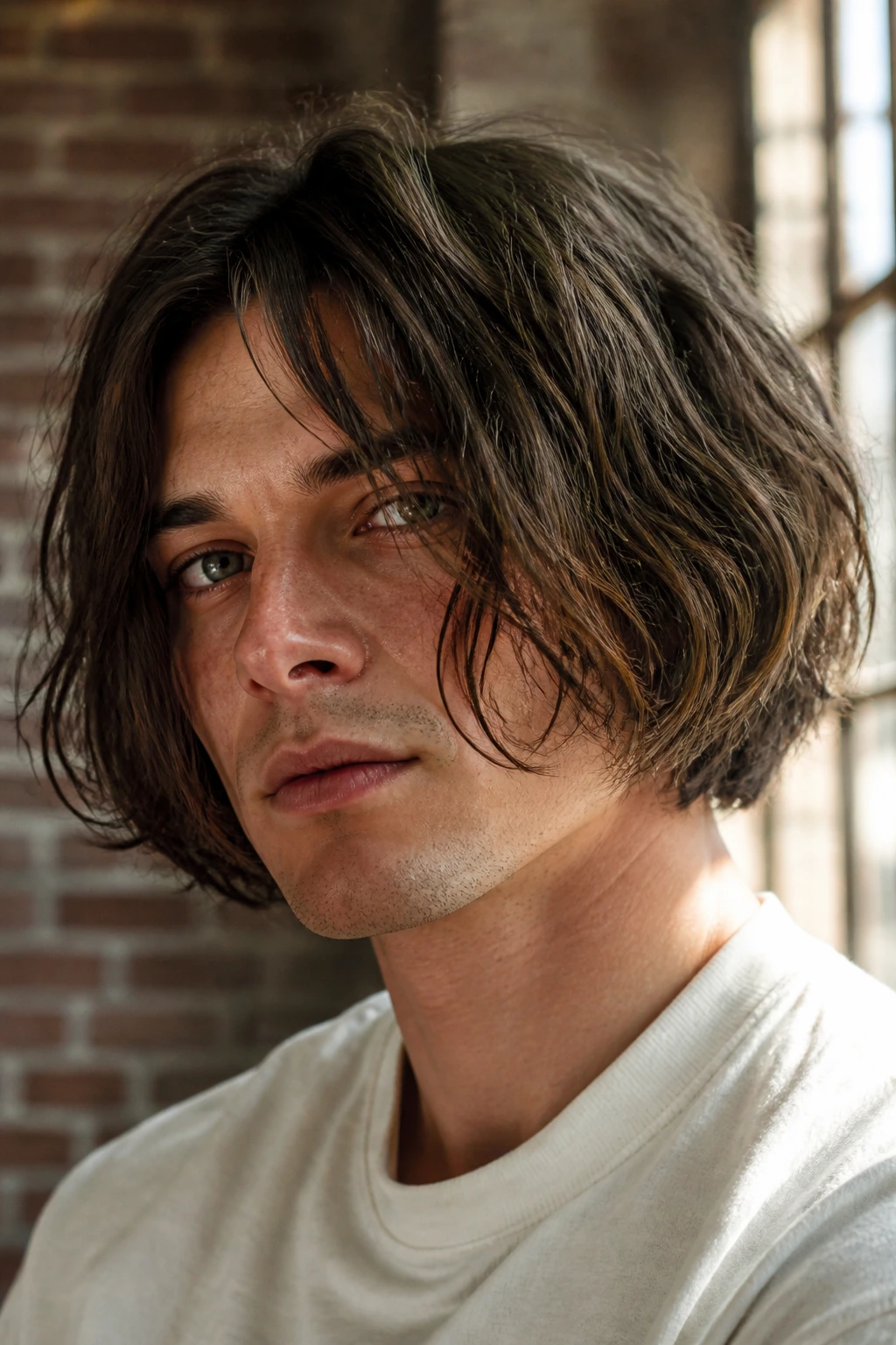 Close-up portrait of a real man with shaggy bob in an urban loft