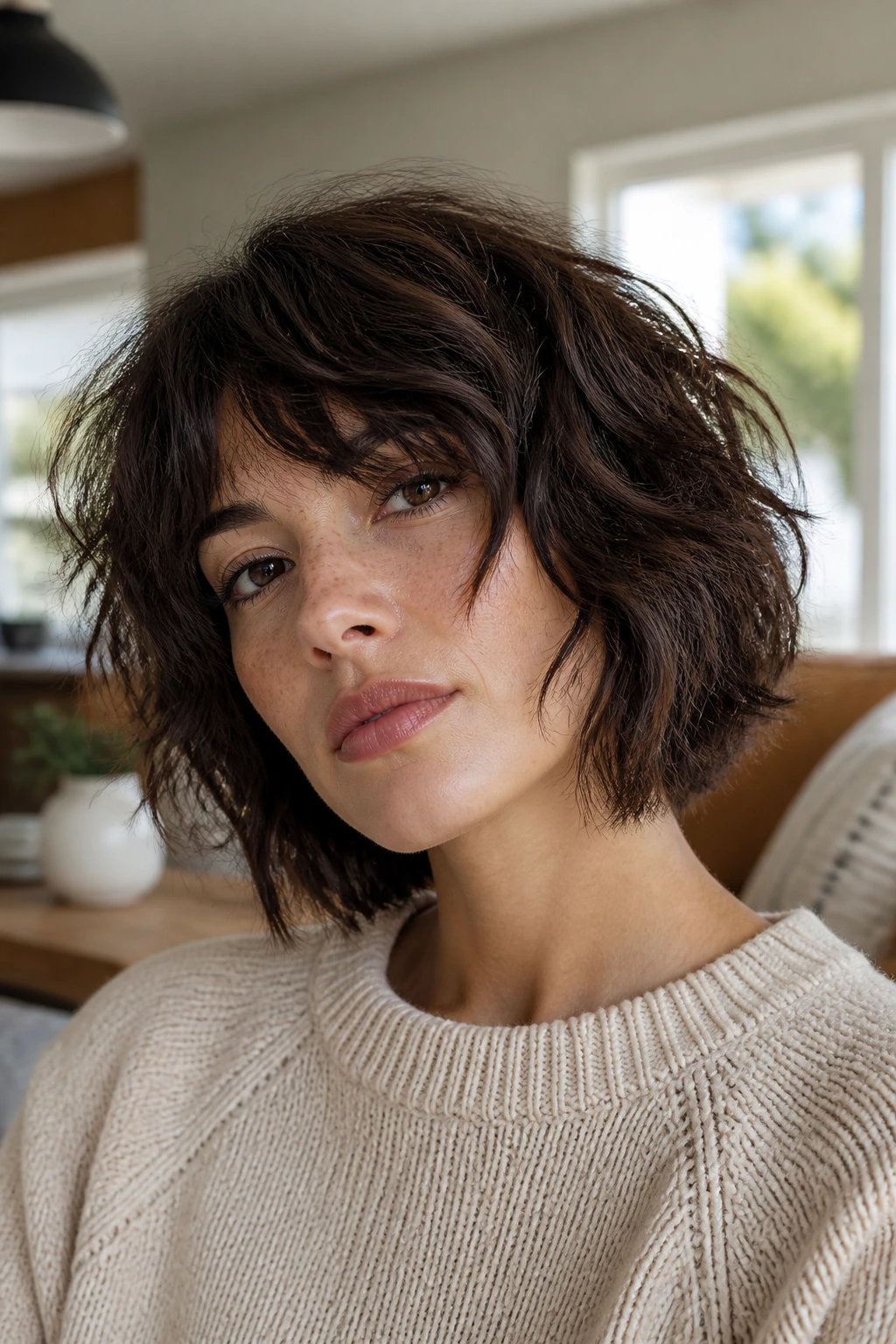 Close-up of a real woman with a tousled shaggy bob and textured layers.