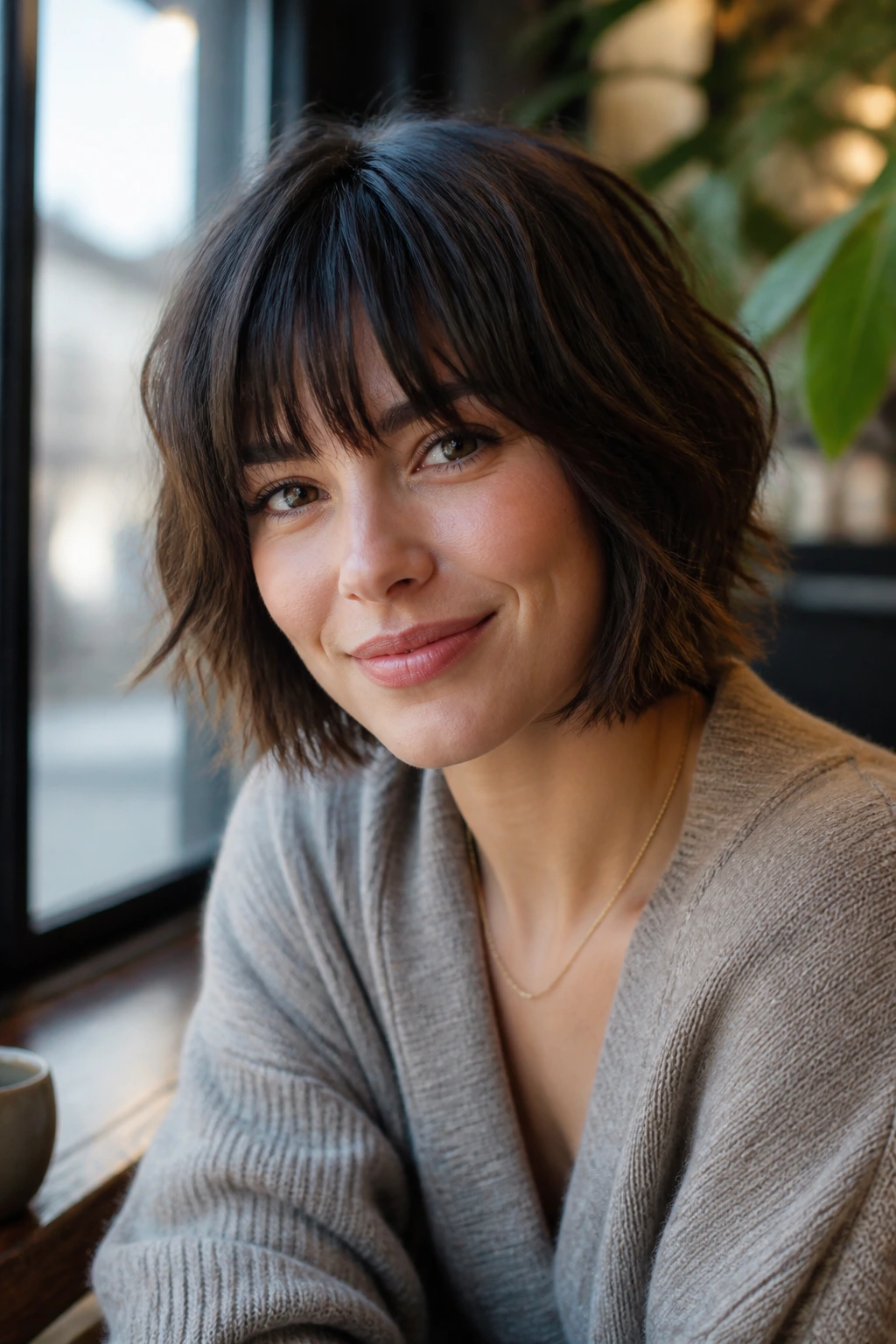 Portrait of a woman with a shaggy bob in a cafe setting