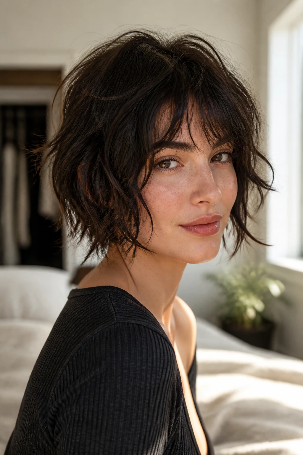 Close-up portrait of a real woman with a shaggy bob showing textured ends and lift in natural window light