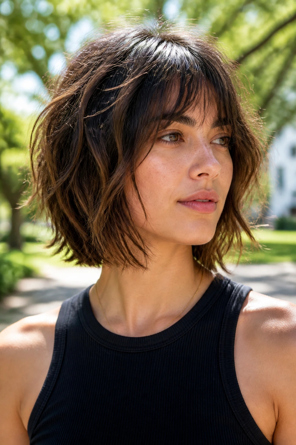 Close-up of a real woman with a shaggy bob showing relaxed texture