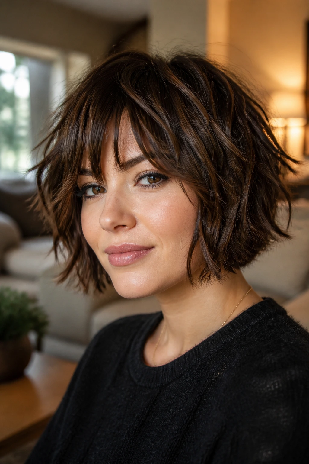 Close-up of a woman with a shaggy choppy bob and thick textured hair in warm window light