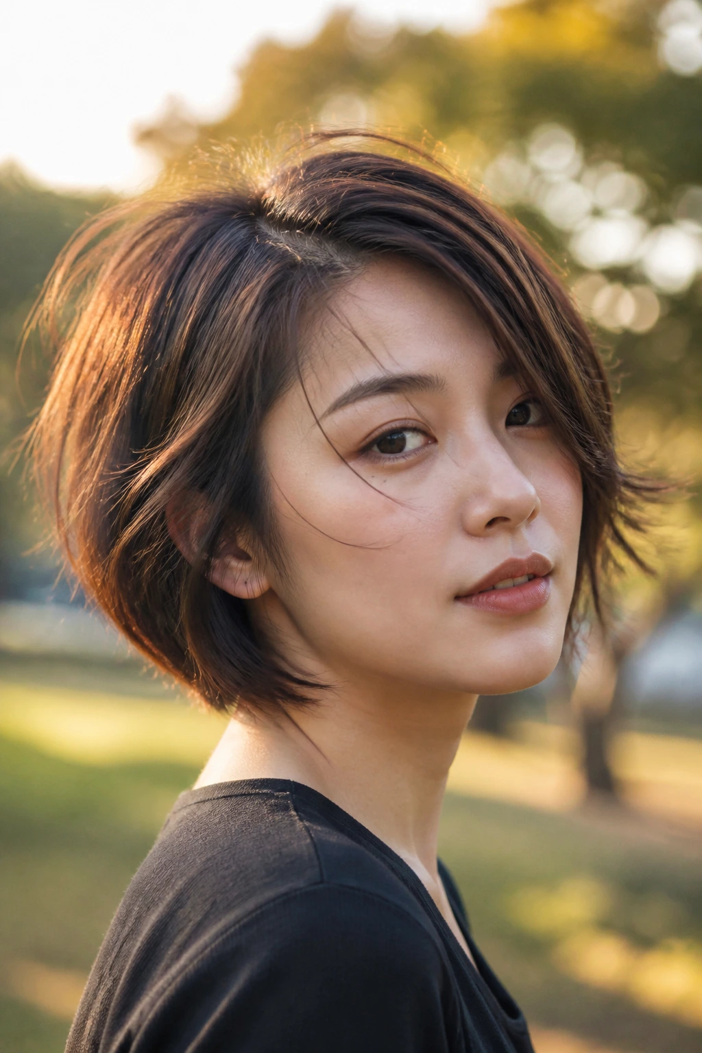 Close-up of a woman with a shaggy side-part bob outdoors at golden hour