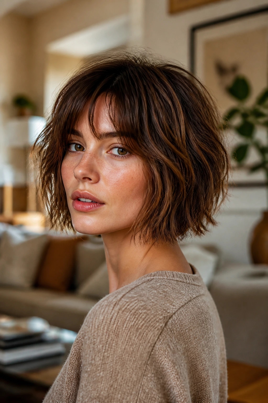 Close-up portrait of person with shaggy bob and textured layers