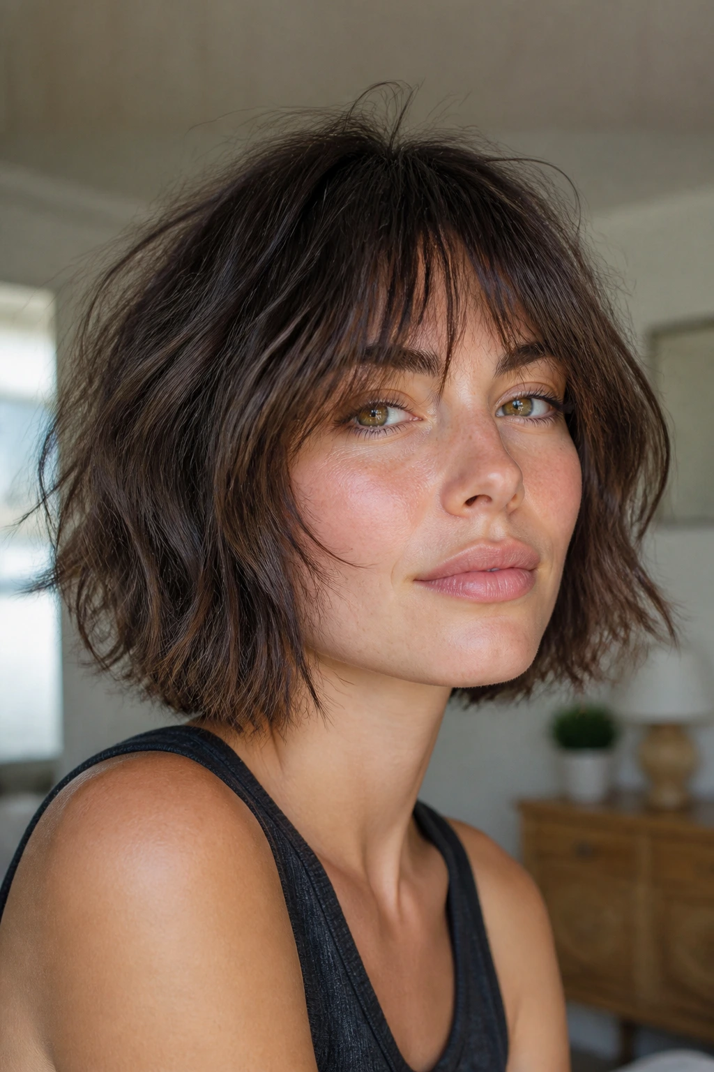 Real woman with shaggy bob and broken-up ends