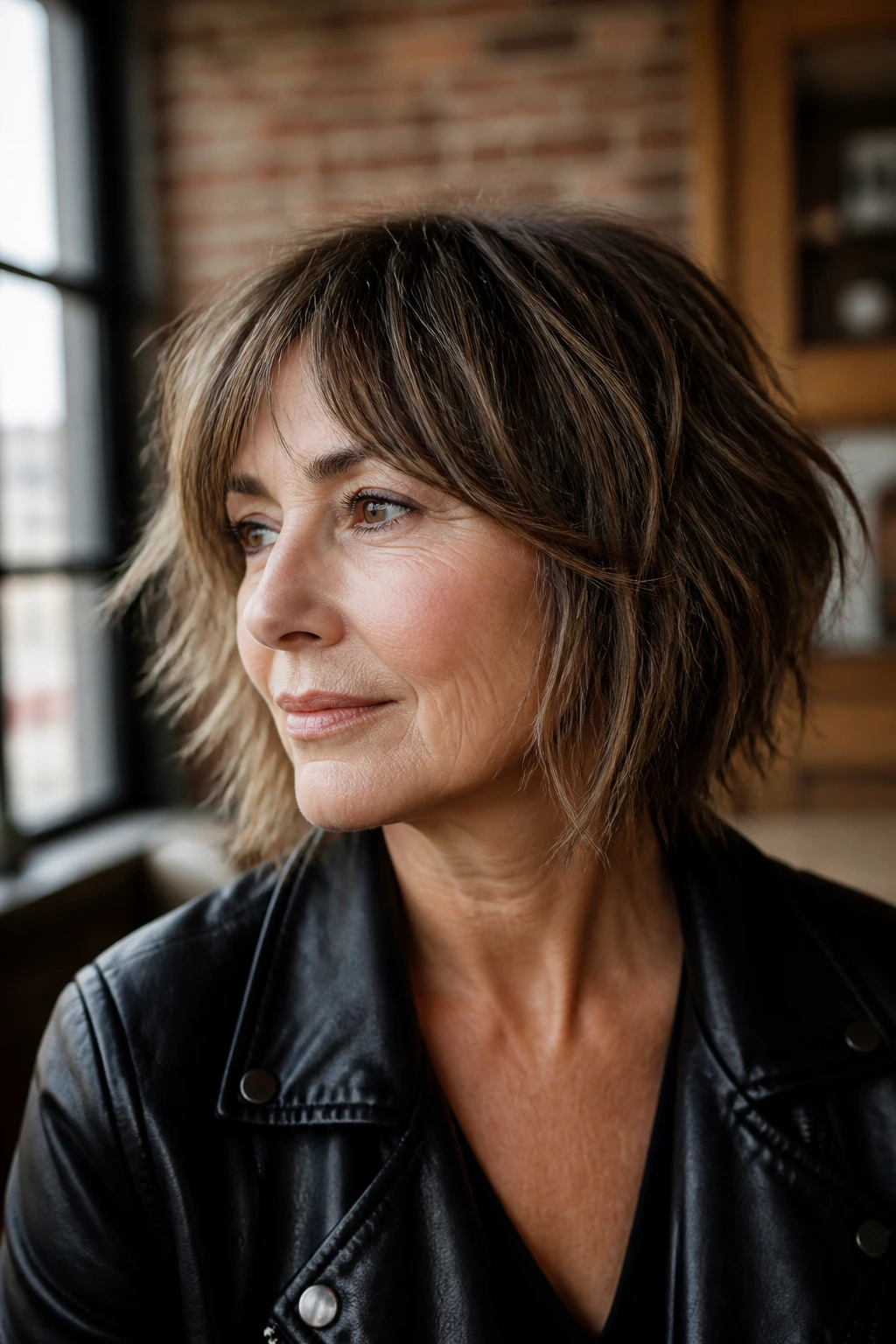 Close-up of a real woman with a shaggy bob and piecey ends in an urban loft setting