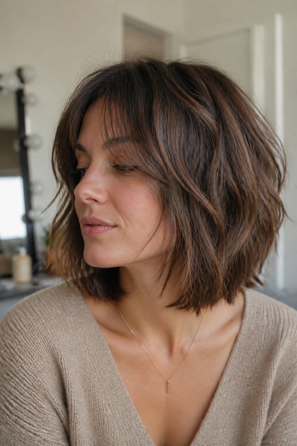 Portrait showing textured shaggy bob with defined mid-length waves