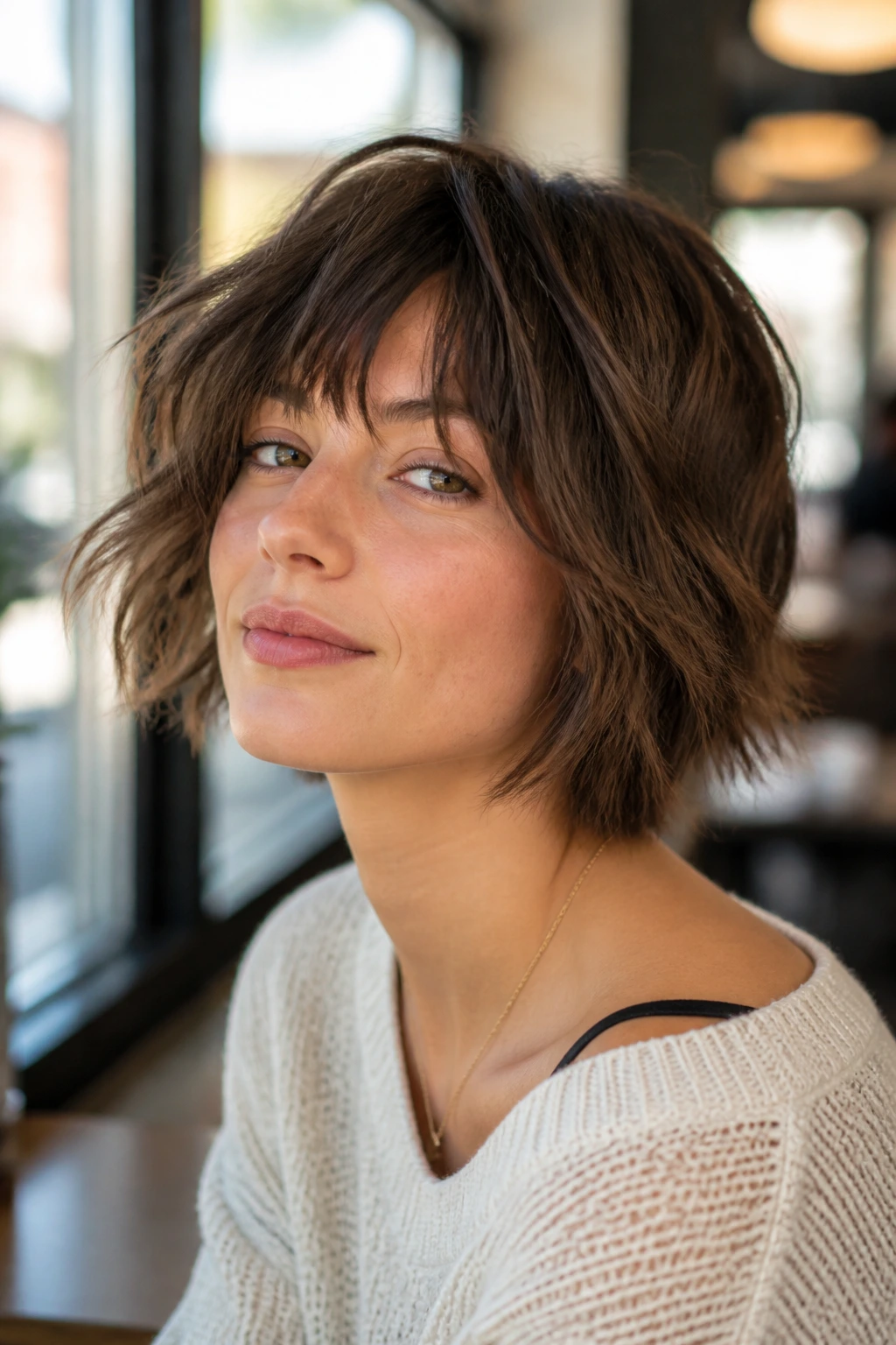 Close-up portrait of a woman with a shaggy bob and choppy ends in sunlit cafe setting