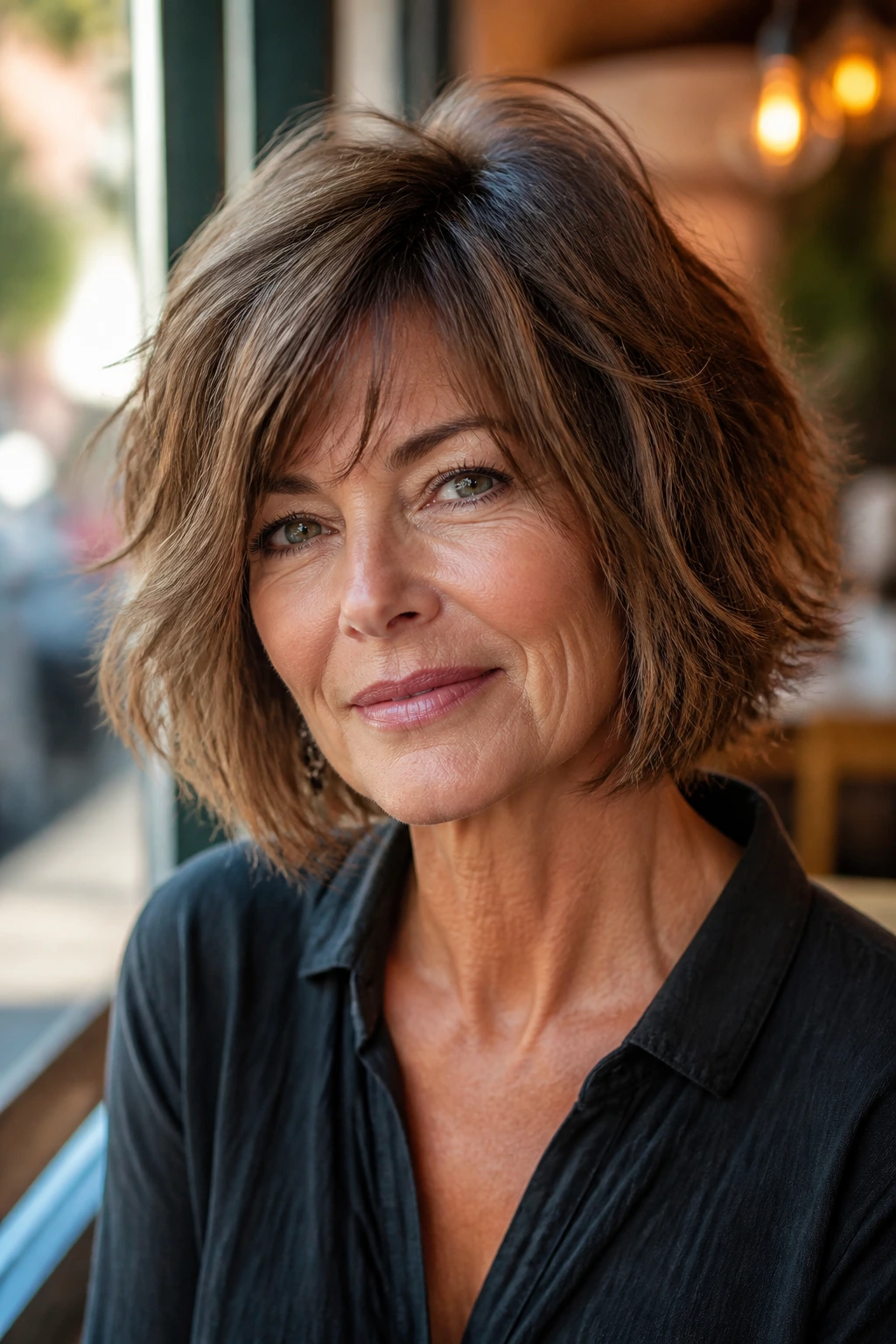 Close-up portrait of a real woman with a shaggy bob hairstyle