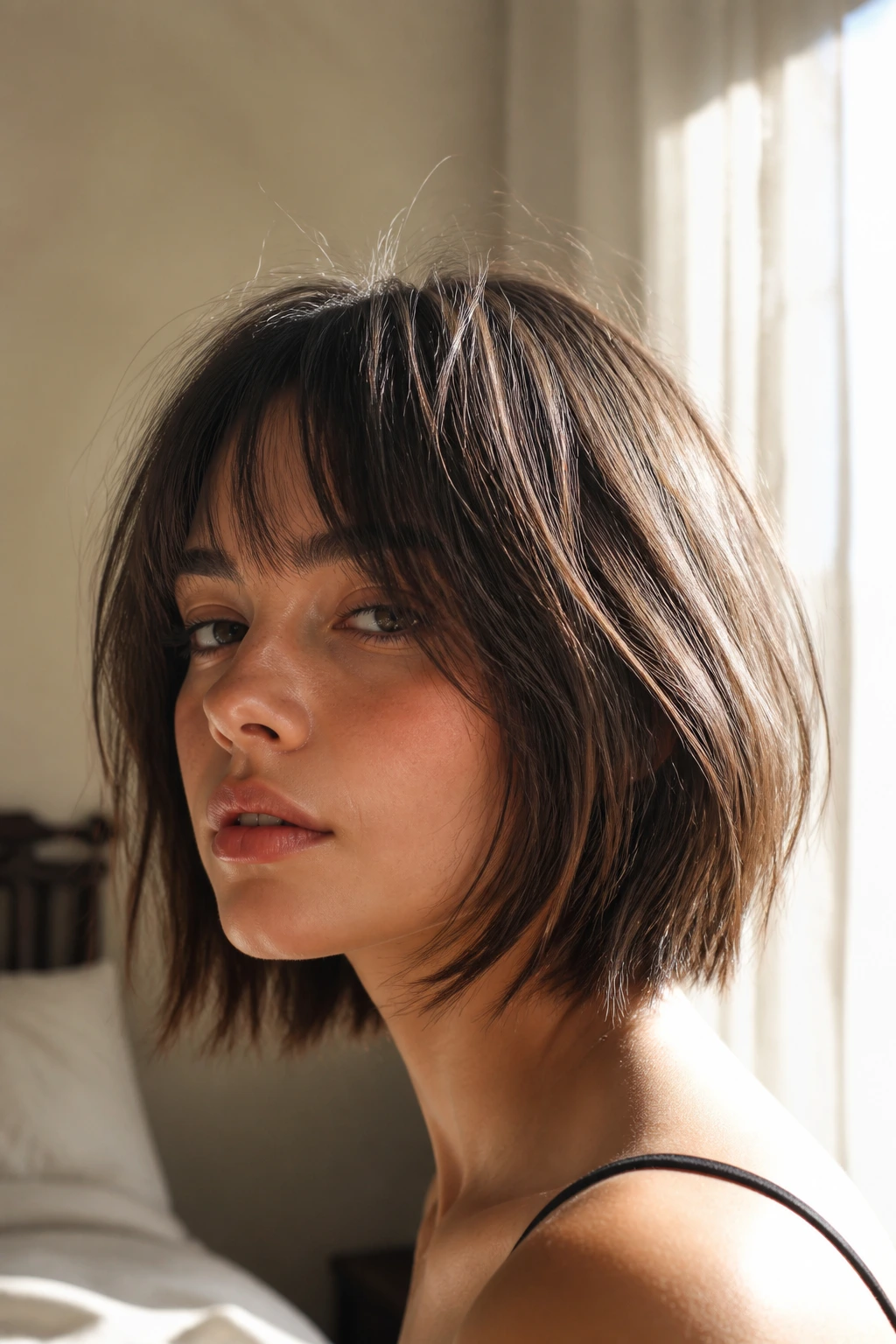 Close-up of a woman with a shaggy bob, wispy bangs, and crown layers in a sunlit bedroom.